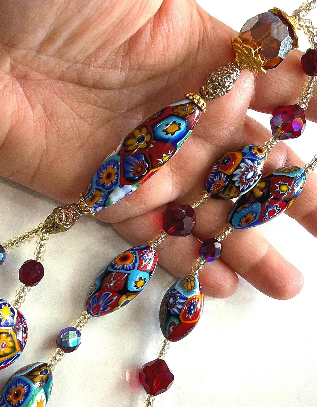 Rosario Leonardi Lariat Necklace, Ercole Moretti Murano Millefiori Glass Beads, Vintage Swarovski Crystals 42”