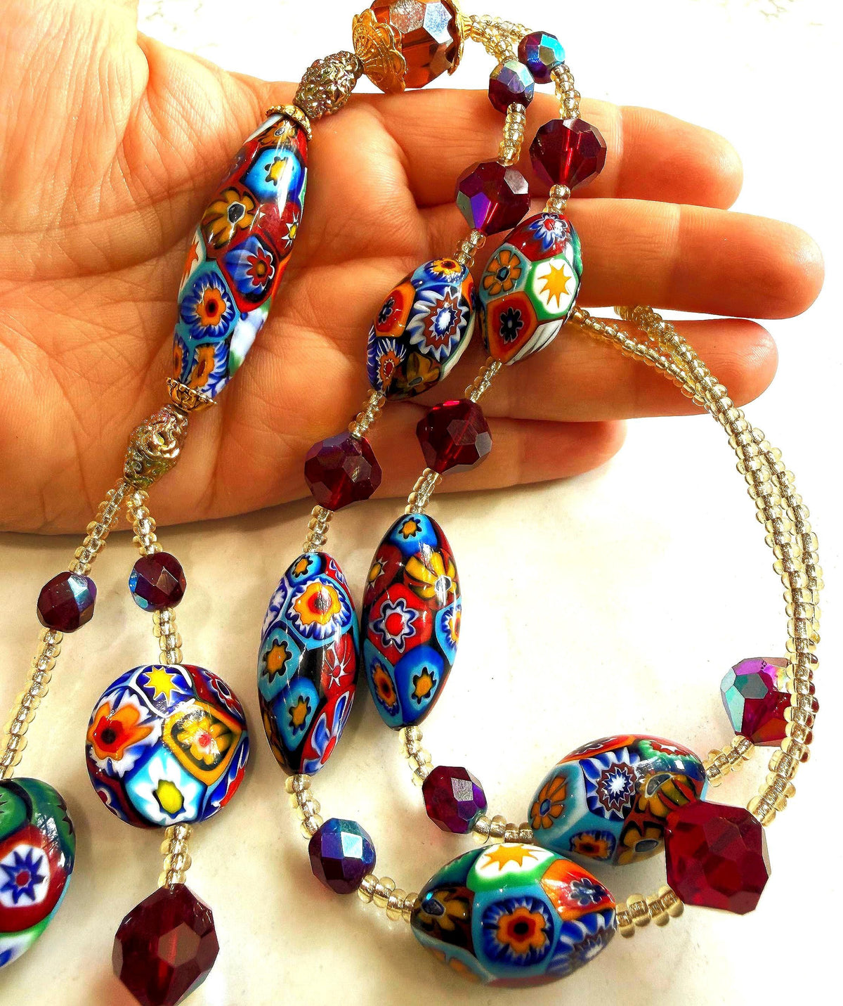 Rosario Leonardi Lariat Necklace, Ercole Moretti Murano Millefiori Glass Beads, Vintage Swarovski Crystals 42”