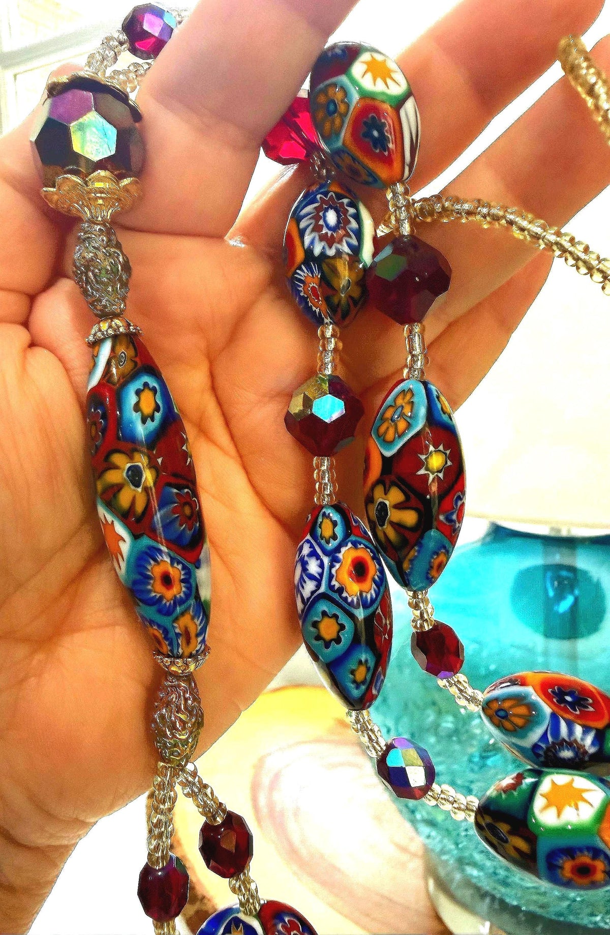 Rosario Leonardi Lariat Necklace, Ercole Moretti Murano Millefiori Glass Beads, Vintage Swarovski Crystals 42”