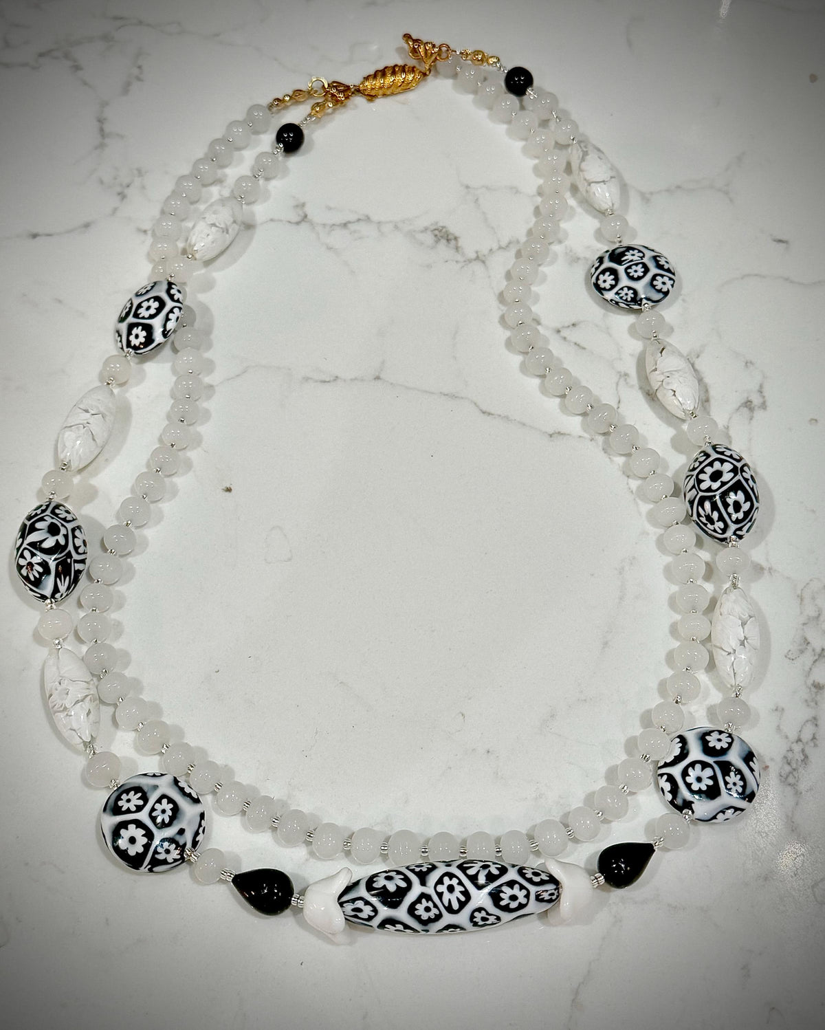 Double Strand Rosario Leonardi Black & White Necklace, Featuring Custom Ercole Moretti Beads