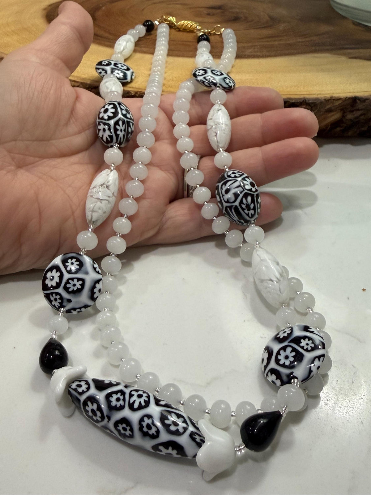 Double Strand Rosario Leonardi Black & White Necklace, Featuring Custom Ercole Moretti Beads