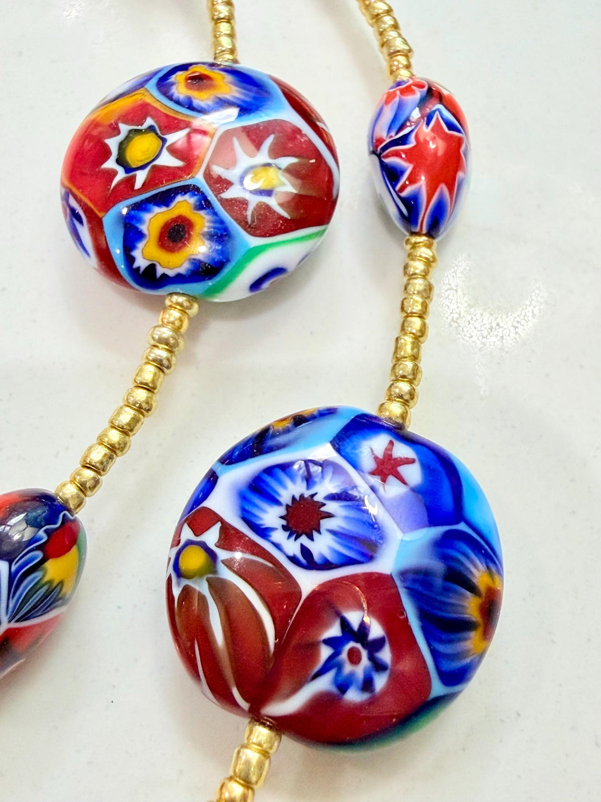 Rosario Leonardi Red Themed Murano Millefiori Glass Bead Lariat Necklace-Exclusive Ercole Moretti Beads