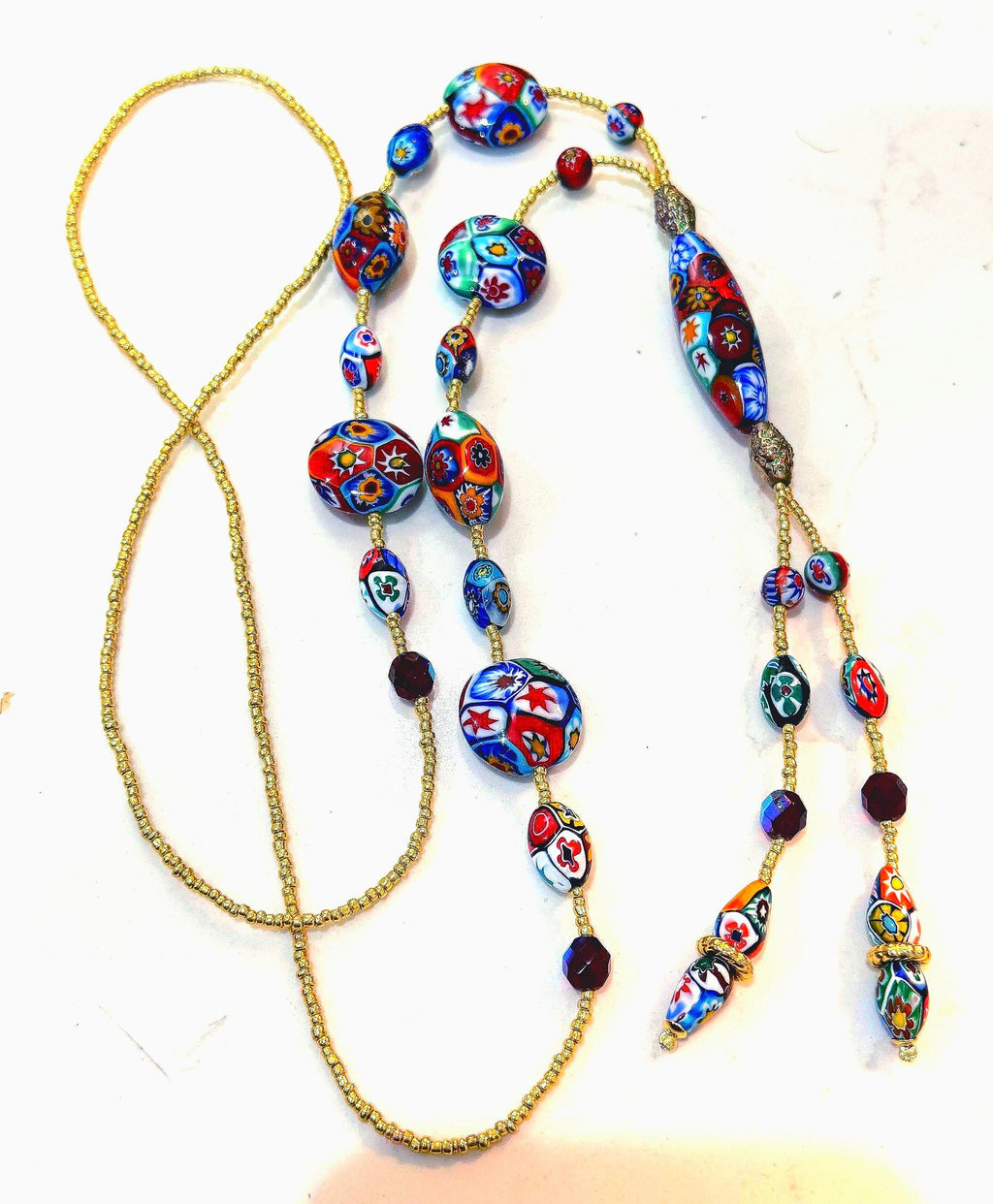 Rosario Leonardi Red Themed Murano Millefiori Glass Bead Lariat Necklace-Exclusive Ercole Moretti Beads