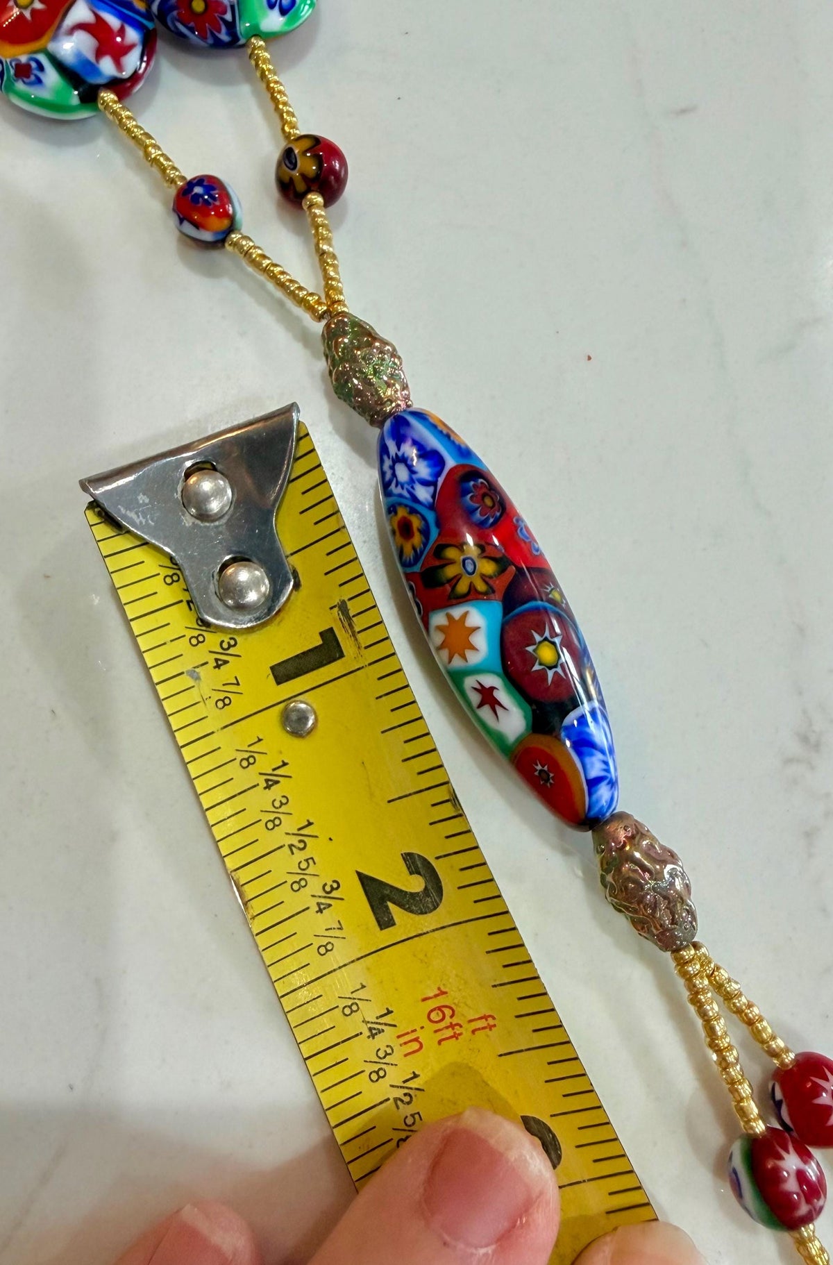 Rosario Leonardi Red Themed Murano Millefiori Glass Bead Lariat Necklace-Exclusive Ercole Moretti Beads