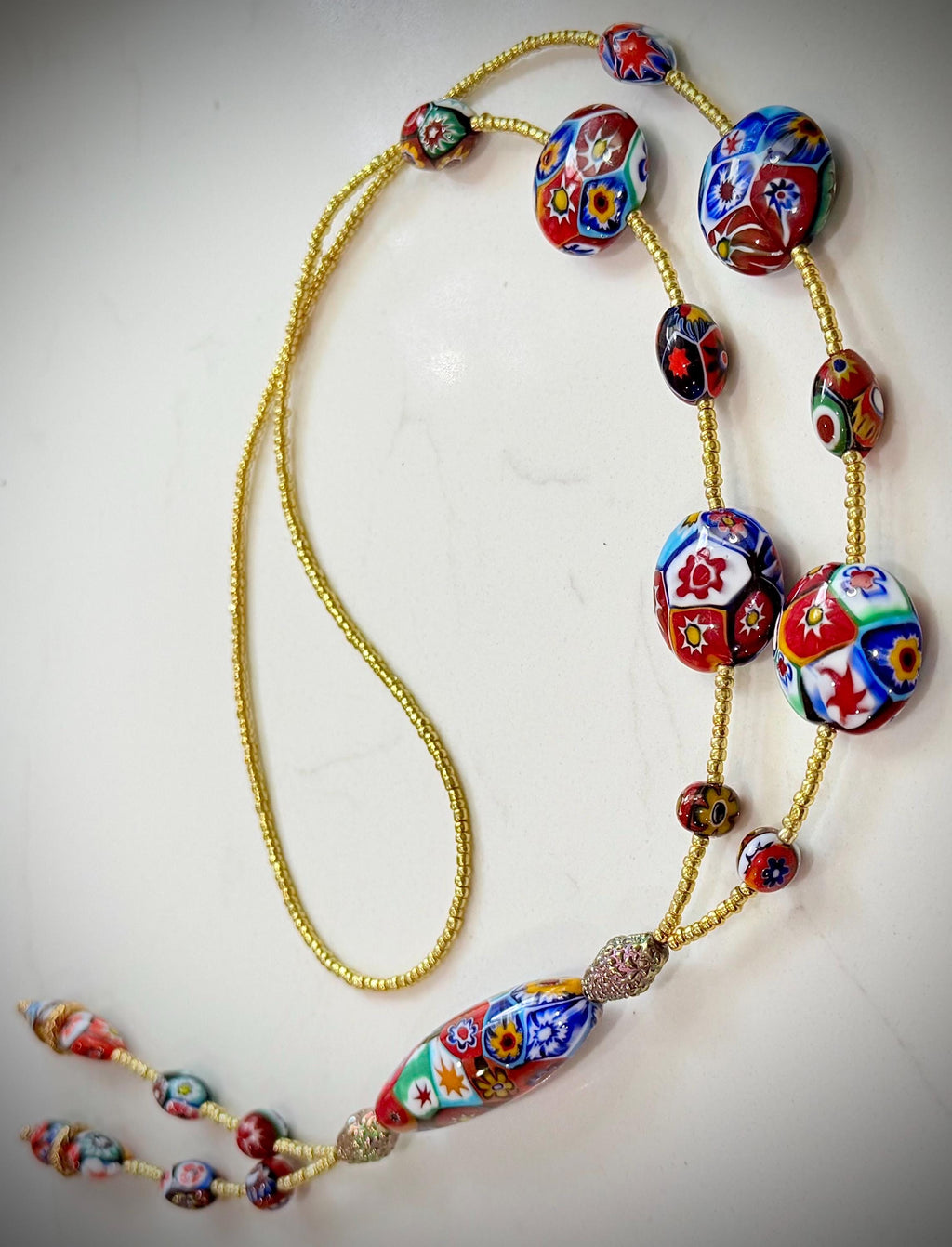 Rosario Leonardi Red Themed Murano Millefiori Glass Bead Lariat Necklace-Exclusive Ercole Moretti Beads