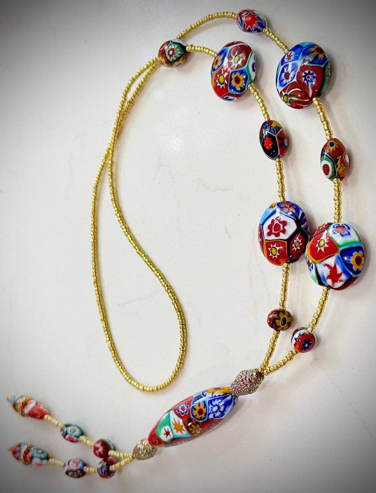 Rosario Leonardi Red Themed Murano Millefiori Glass Bead Lariat Necklace-Exclusive Ercole Moretti Beads