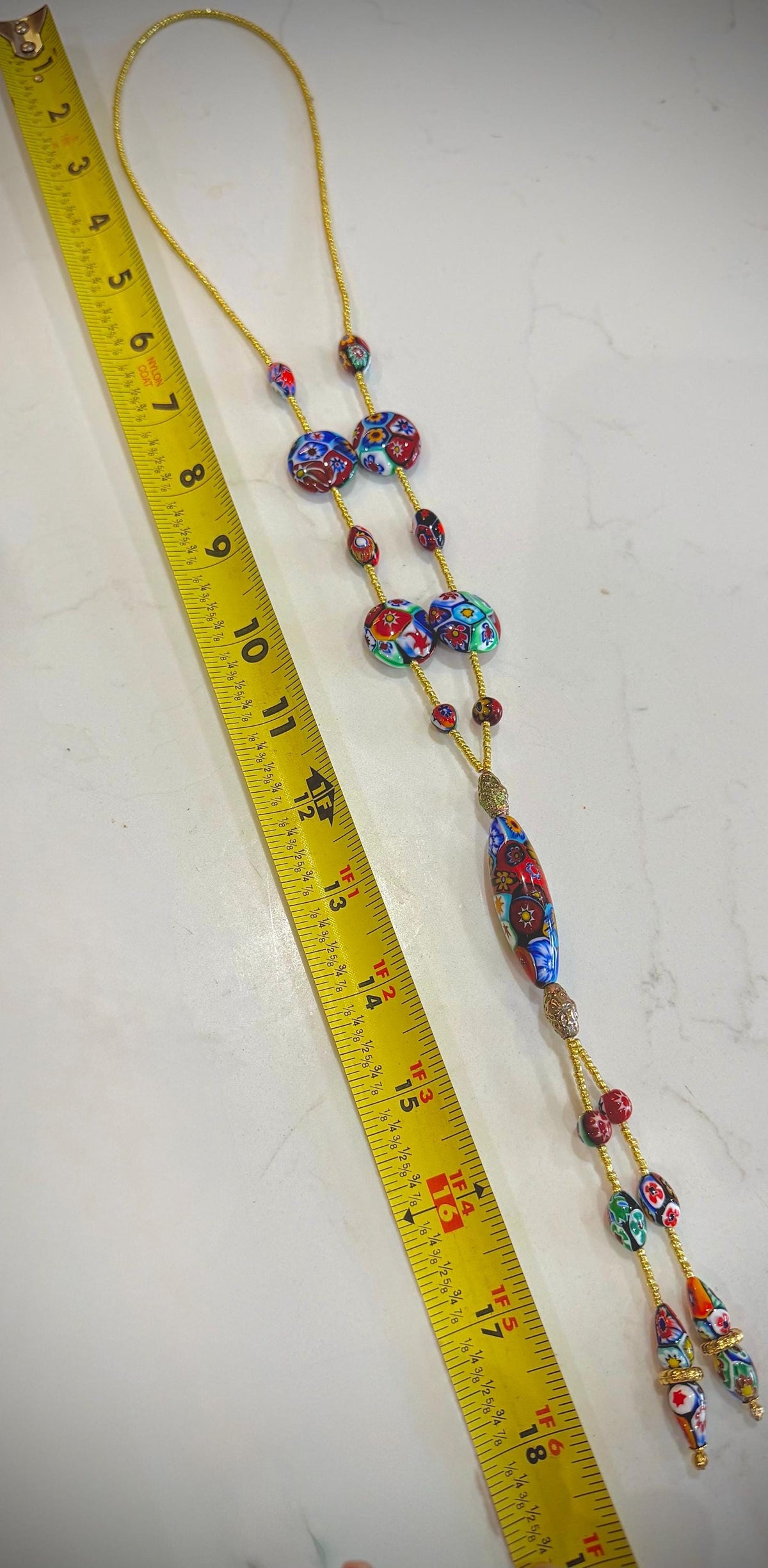 Rosario Leonardi Red Themed Murano Millefiori Glass Bead Lariat Necklace-Exclusive Ercole Moretti Beads