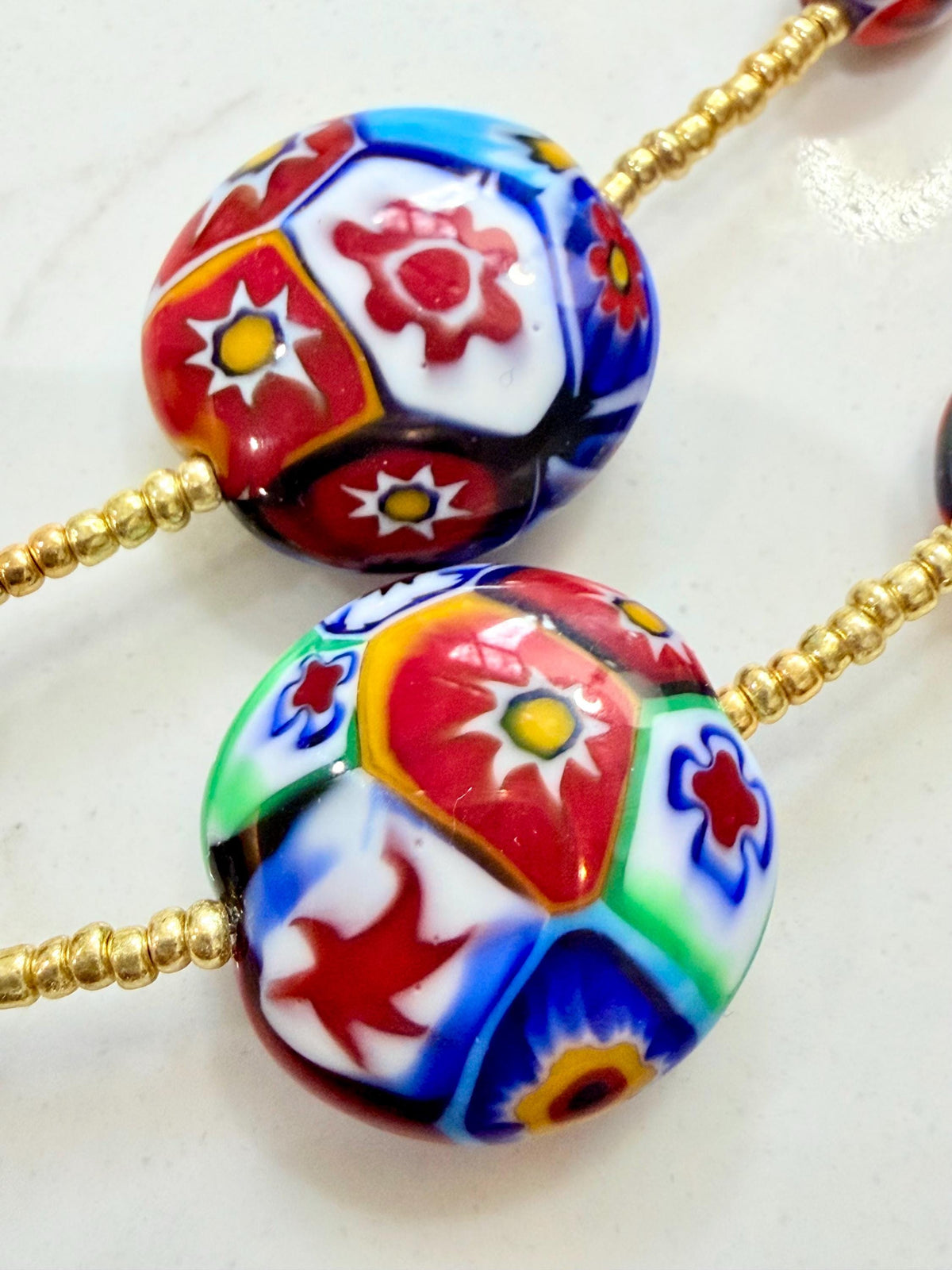 Rosario Leonardi Red Themed Murano Millefiori Glass Bead Lariat Necklace-Exclusive Ercole Moretti Beads