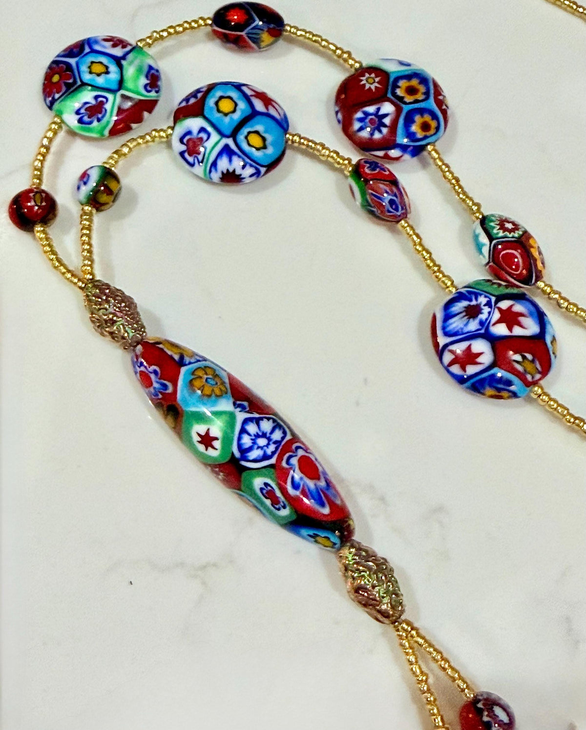 Rosario Leonardi Red Themed Murano Millefiori Glass Bead Lariat Necklace-Exclusive Ercole Moretti Beads