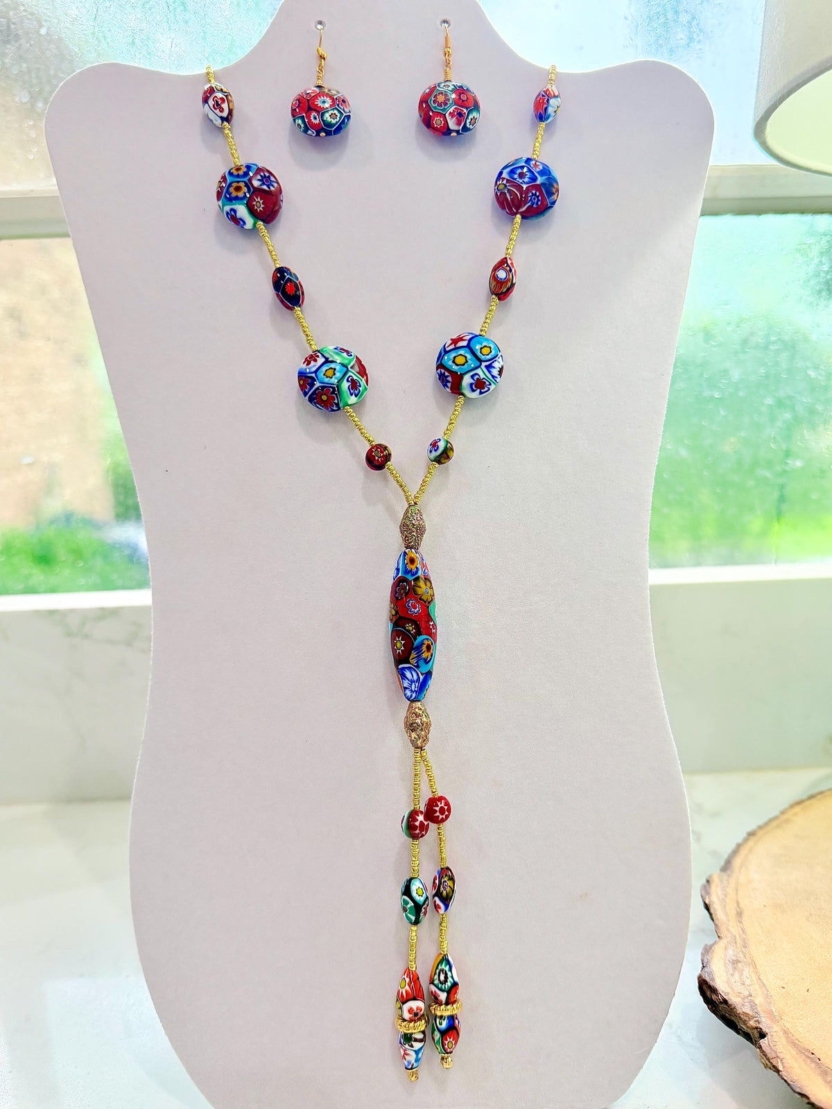 Rosario Leonardi Red Themed Murano Millefiori Glass Bead Lariat Necklace-Exclusive Ercole Moretti Beads
