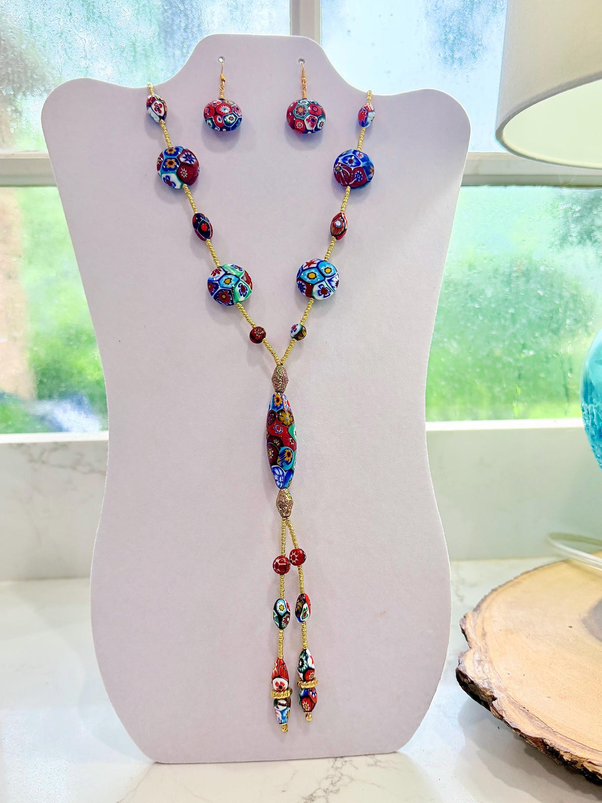 Rosario Leonardi Red Themed Murano Millefiori Glass Bead Lariat Necklace-Exclusive Ercole Moretti Beads