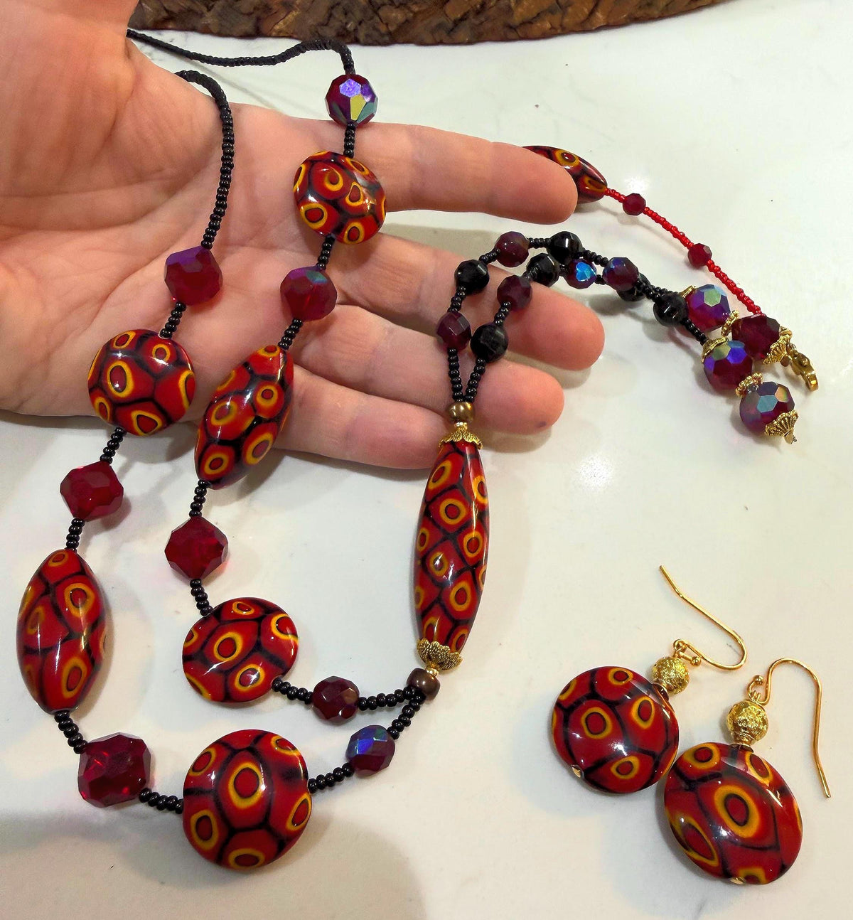 Rosario Leonardi Lariat Necklace, Murano Millefiori Glass Beads, Swarovski Crystals 40"