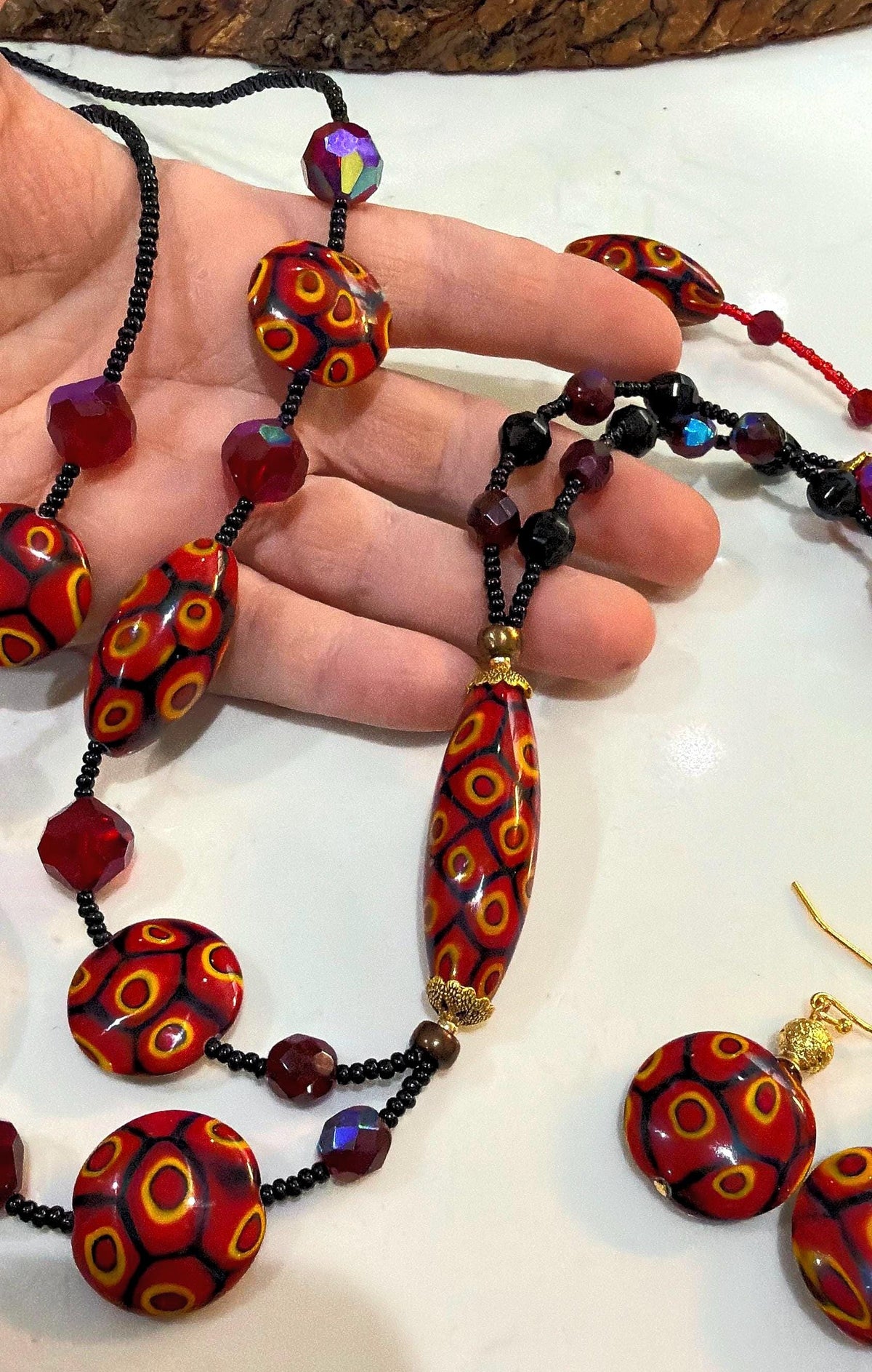 Rosario Leonardi Lariat Necklace, Murano Millefiori Glass Beads, Swarovski Crystals 40"
