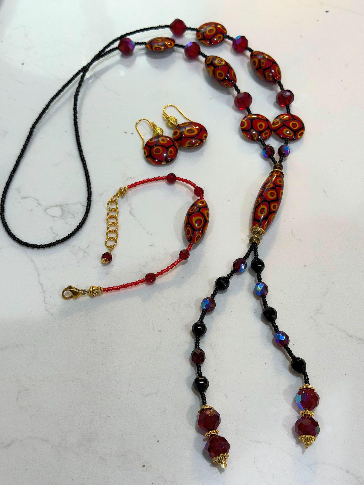Rosario Leonardi Lariat Necklace, Murano Millefiori Glass Beads, Swarovski Crystals 40"