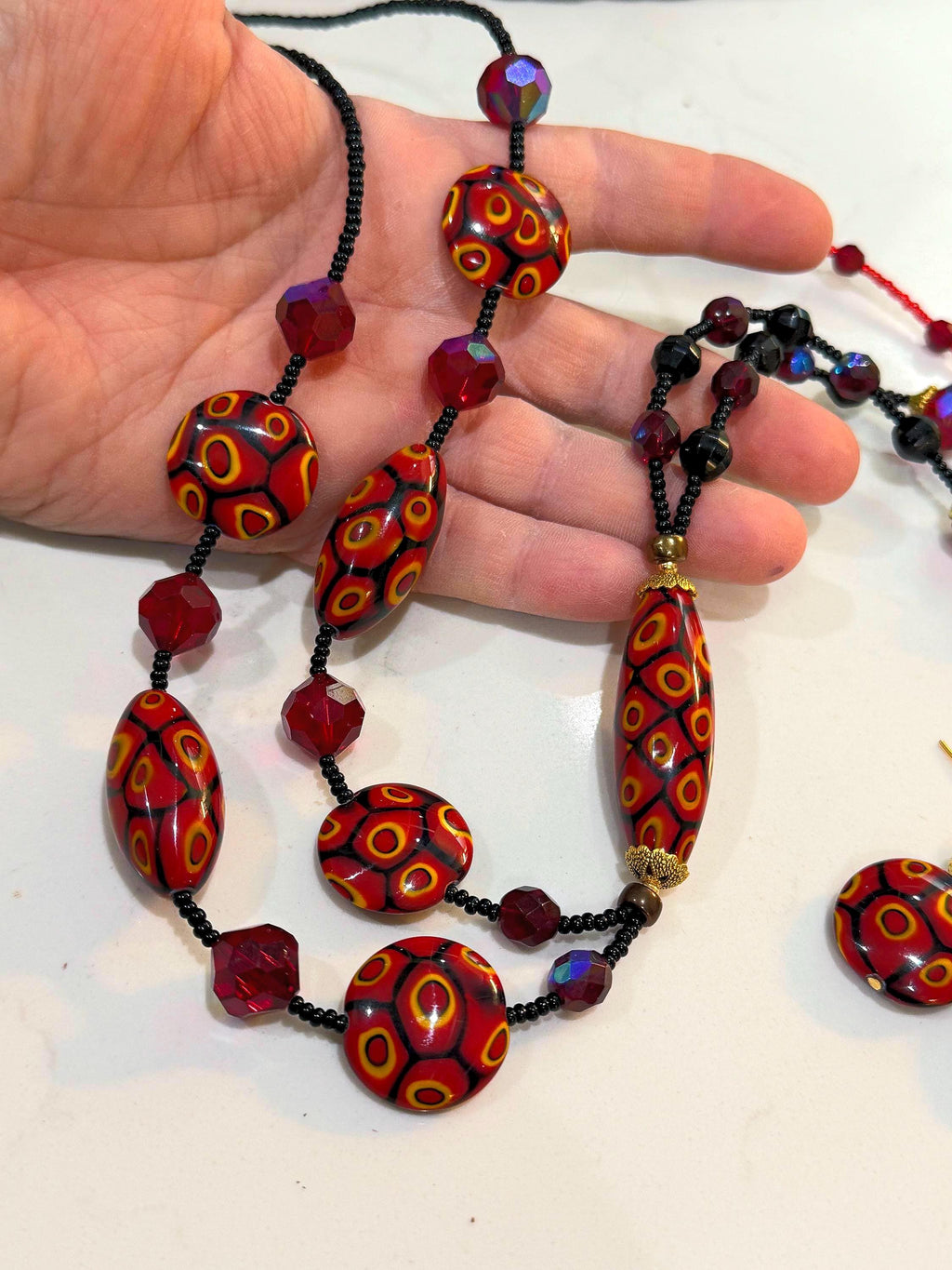 Rosario Leonardi Lariat Necklace, Murano Millefiori Glass Beads, Swarovski Crystals 40"