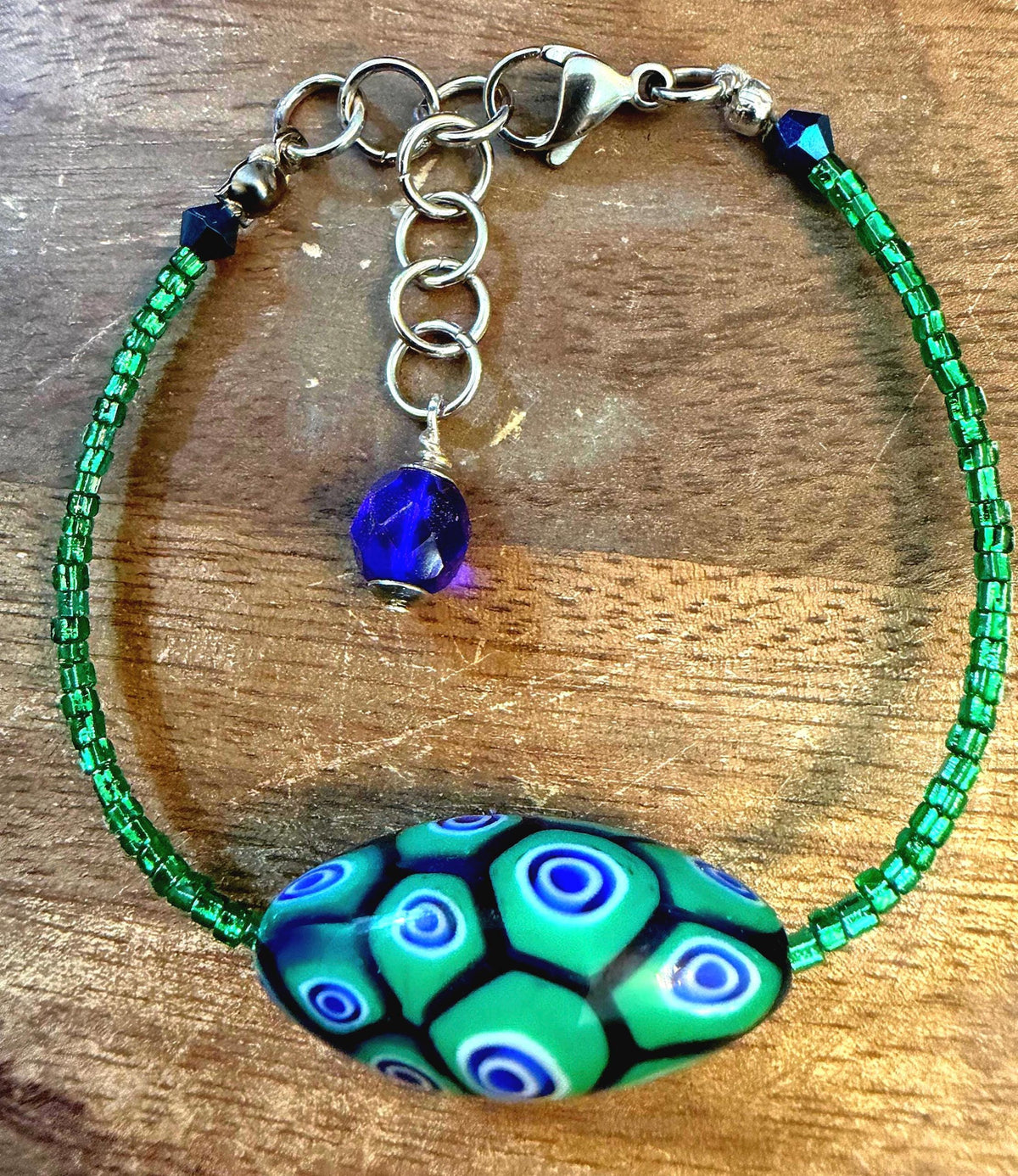 Rosario Leonardi Green Bracelet: Vintage Seed Beads, Ercole Moretti Focal Bead