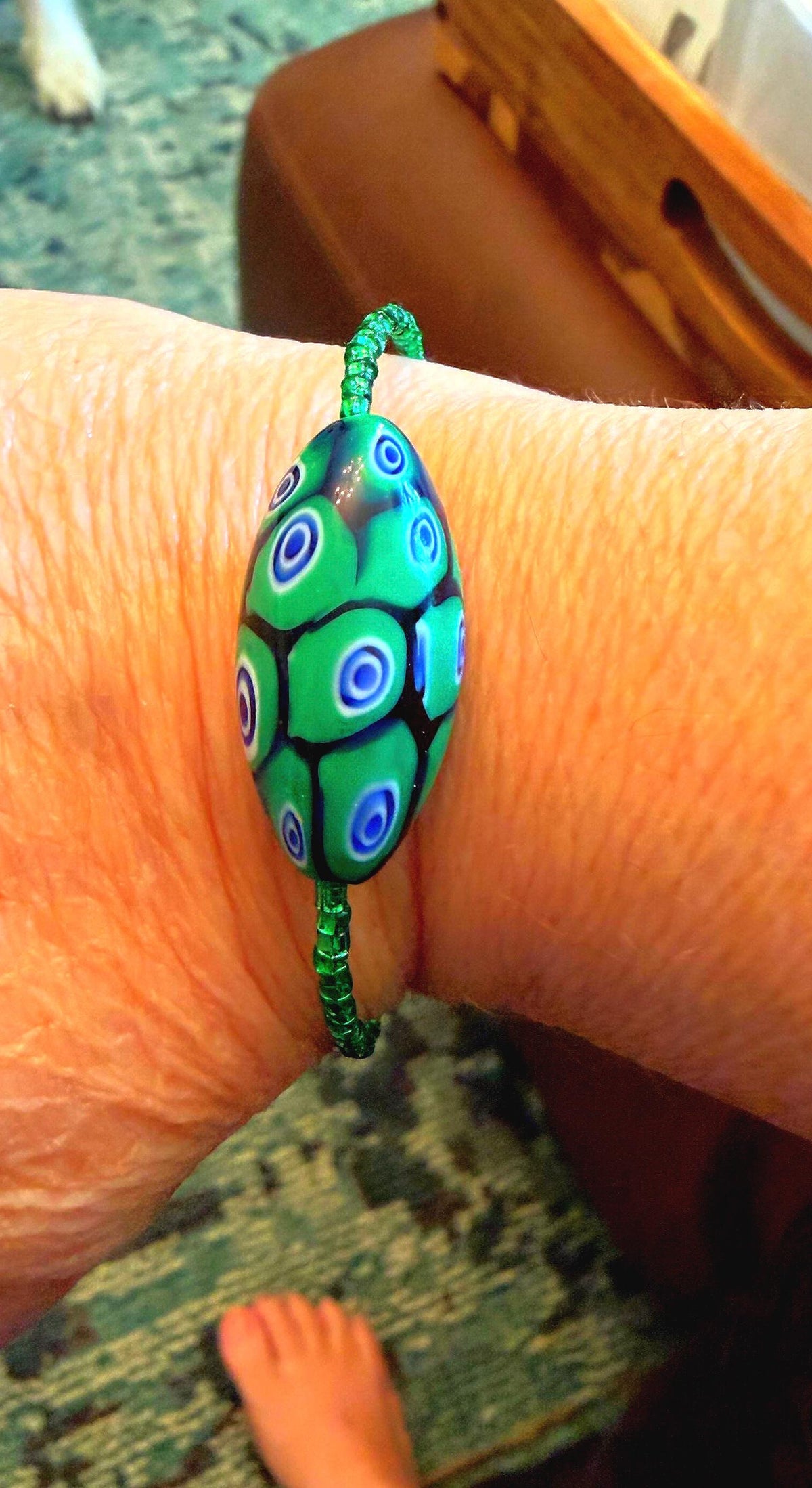 Rosario Leonardi Green Bracelet: Vintage Seed Beads, Ercole Moretti Focal Bead