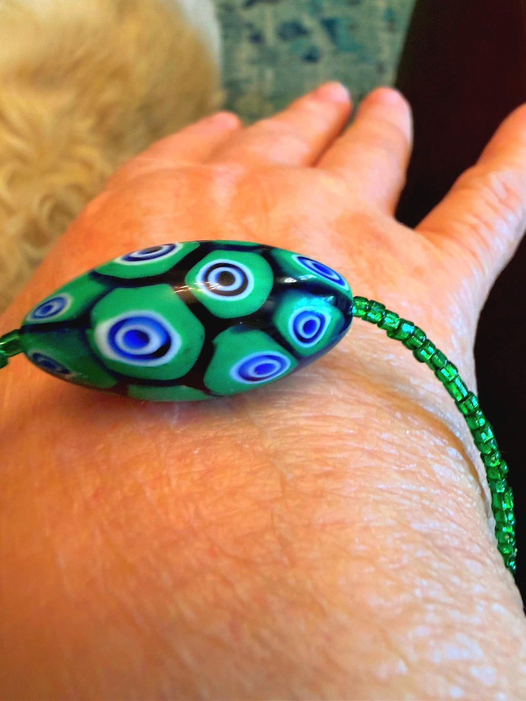 Rosario Leonardi Green Bracelet: Vintage Seed Beads, Ercole Moretti Focal Bead