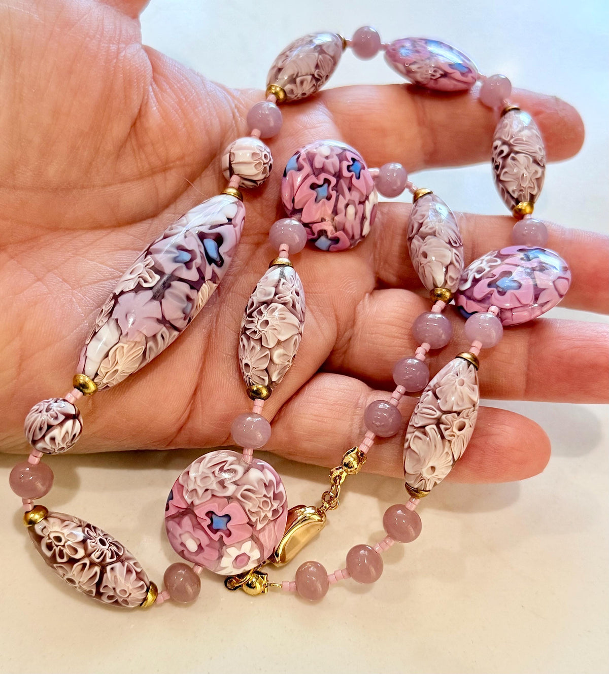 Rosario Leonardi Pastel Pink 18”Necklace: FEATURING Ercole Moretti Murano Millefiori Glass Beads