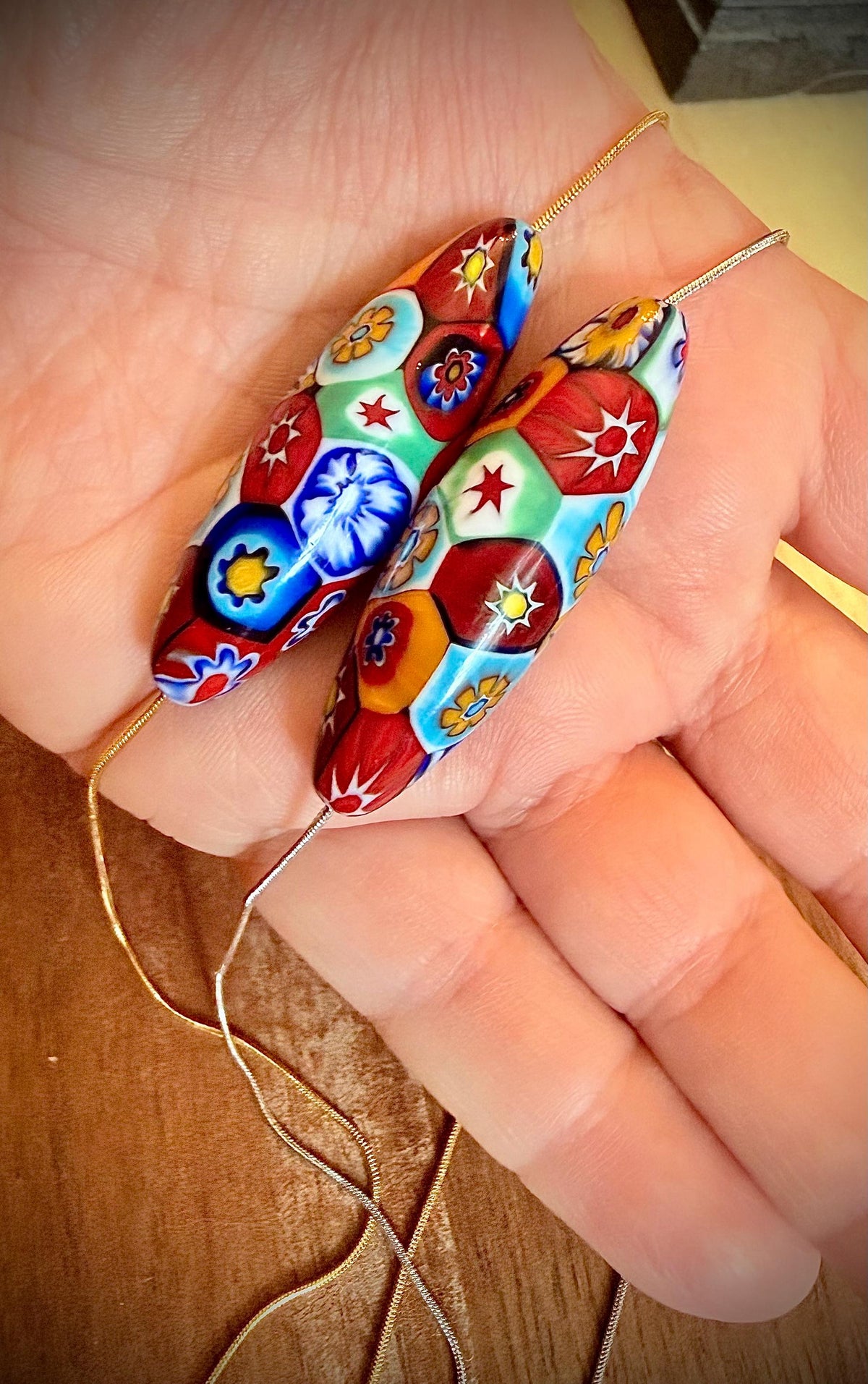 Murano Millefiori Glass Necklace, Exclusive Ercole Moretti Oval Bead, Stainless Steel Chain