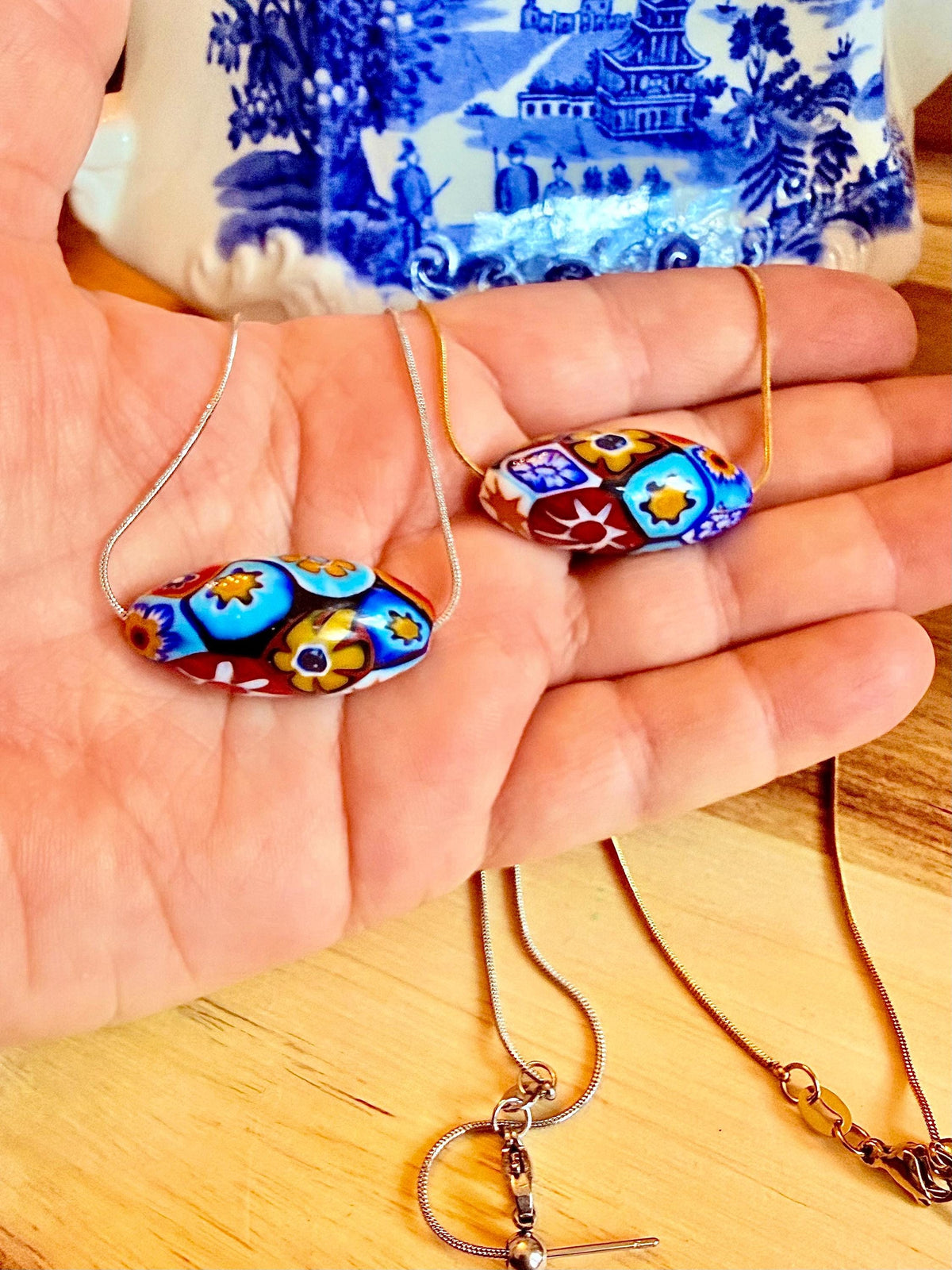 Murano Millefiori Glass Necklace, Exclusive Ercole Moretti Oval Bead, Stainless Steel Chain