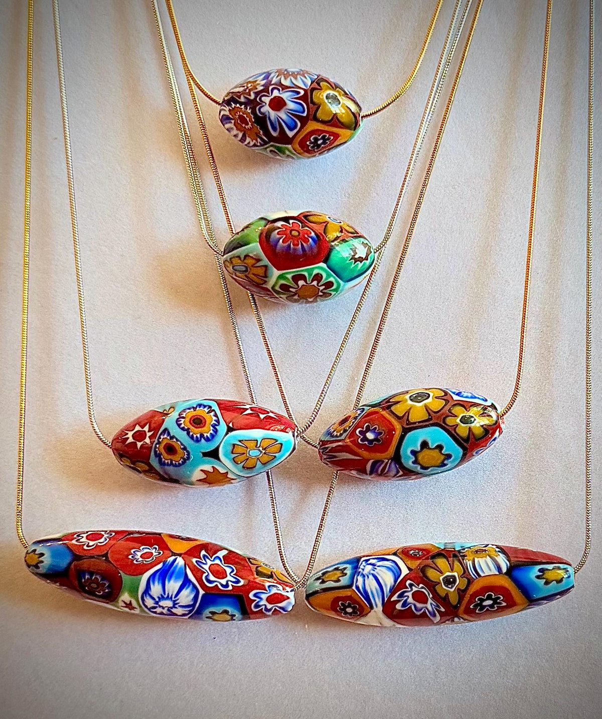 Murano Millefiori Glass Necklace, Exclusive Ercole Moretti Oval Bead, Stainless Steel Chain