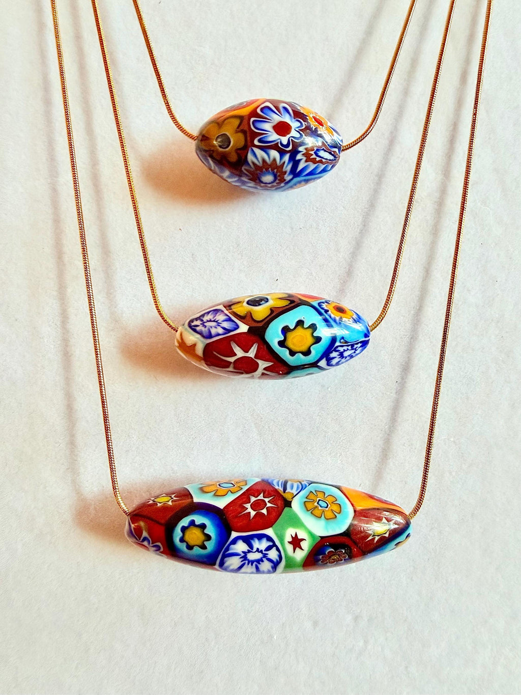 Murano Millefiori Glass Necklace, Exclusive Ercole Moretti Oval Bead, Stainless Steel Chain