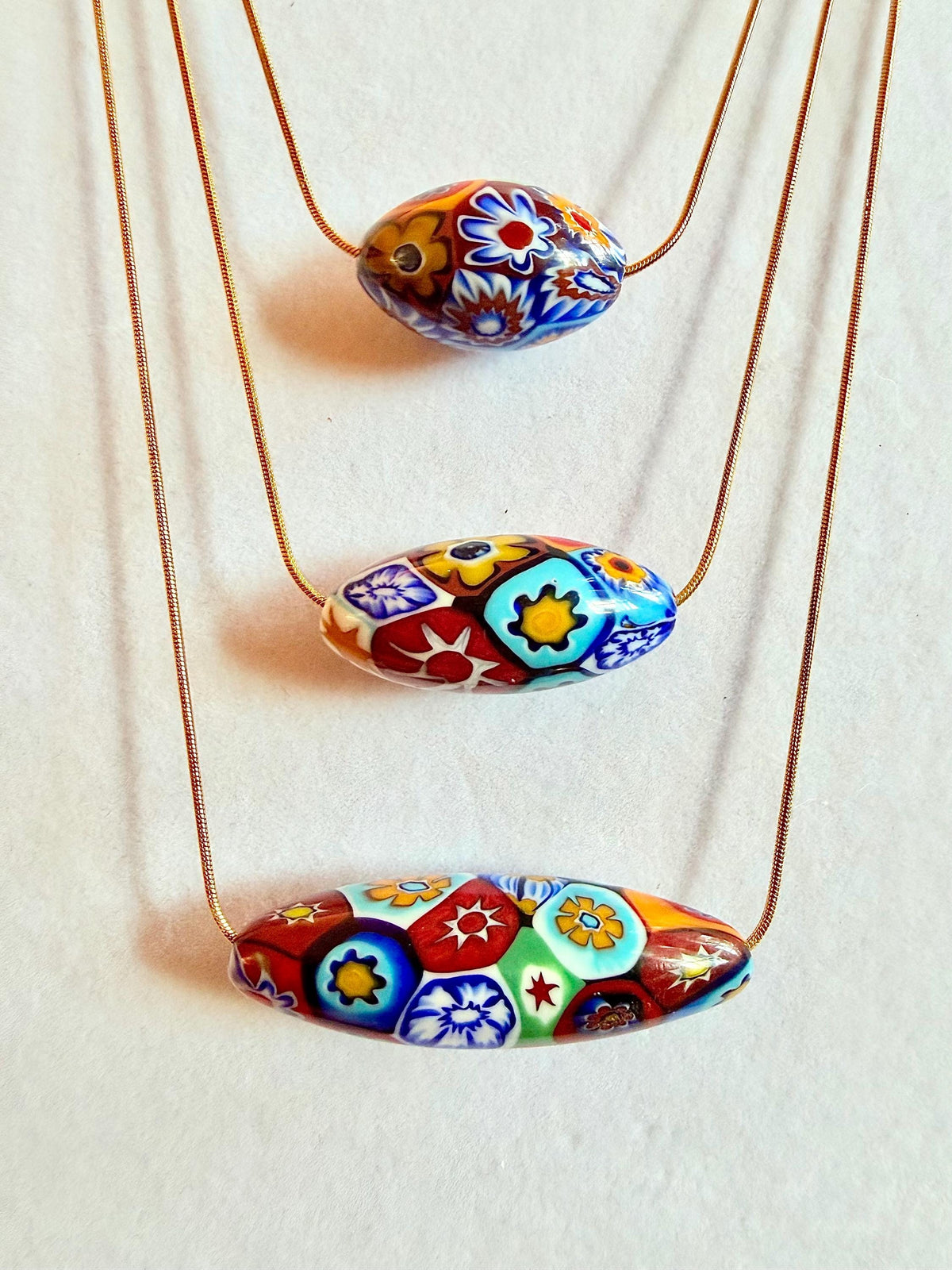 Murano Millefiori Glass Necklace, Exclusive Ercole Moretti Oval Bead, Stainless Steel Chain