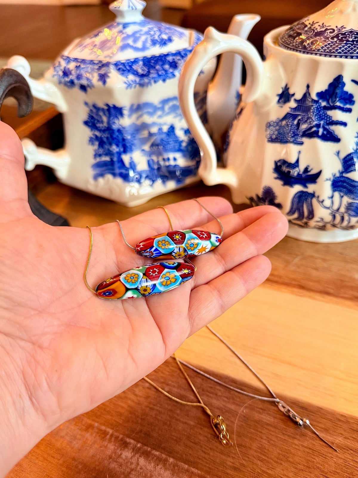 Murano Millefiori Glass Necklace, Exclusive Ercole Moretti Oval Bead, Stainless Steel Chain