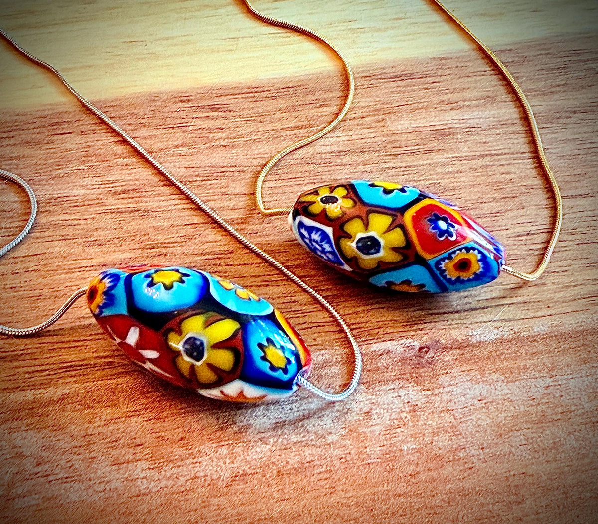 Murano Millefiori Glass Necklace, Exclusive Ercole Moretti Oval Bead, Stainless Steel Chain