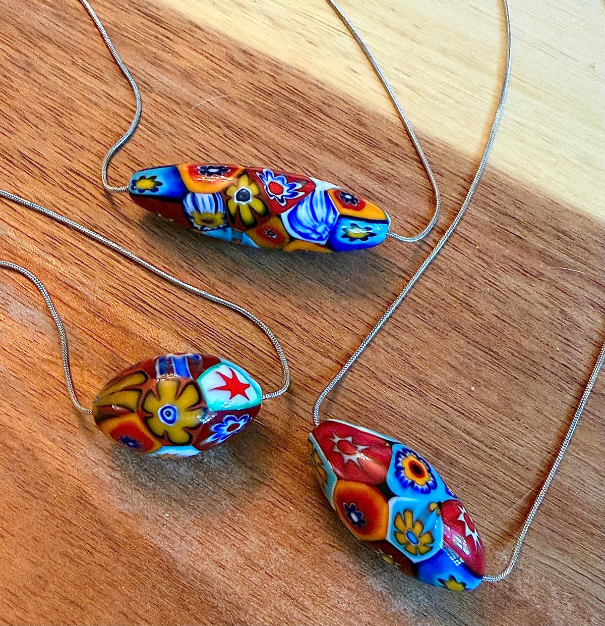 Murano Millefiori Glass Necklace, Exclusive Ercole Moretti Oval Bead, Stainless Steel Chain