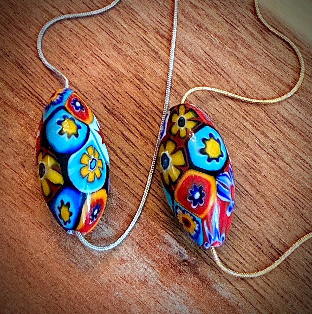 Murano Millefiori Glass Necklace, Exclusive Ercole Moretti Oval Bead, Stainless Steel Chain