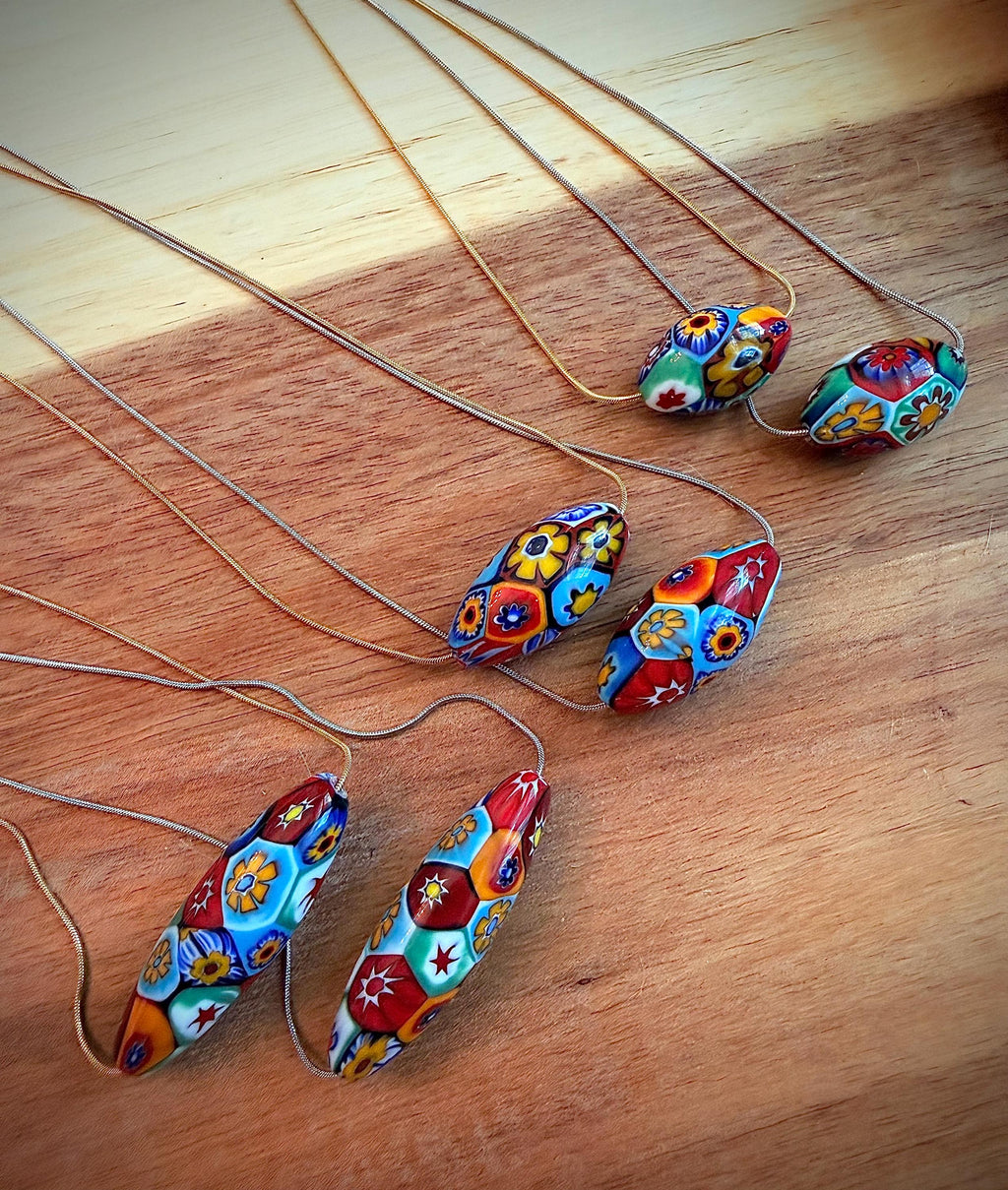 Murano Millefiori Glass Necklace, Exclusive Ercole Moretti Oval Bead, Stainless Steel Chain