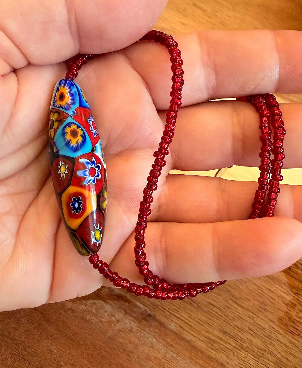 Red Seed Bead Murano Millefiori Glass Necklace Featuring EXCLUSIVE Ercole Moretti Beads