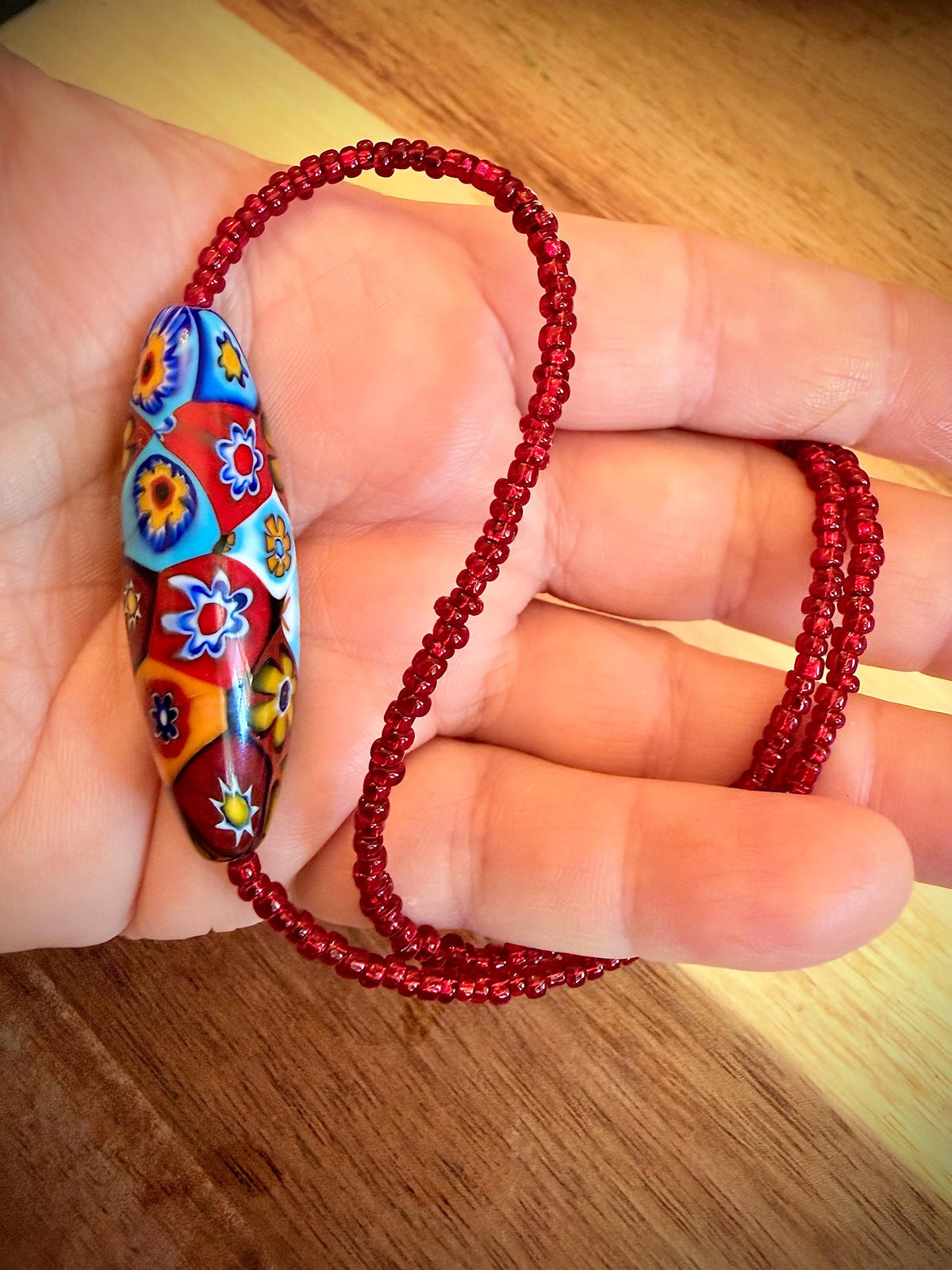 Red Seed Bead Murano Millefiori Glass Necklace Featuring EXCLUSIVE Ercole Moretti Beads