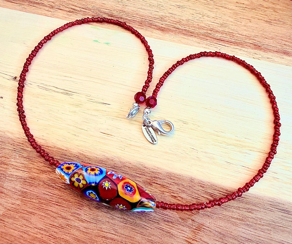 Red Seed Bead Murano Millefiori Glass Necklace Featuring EXCLUSIVE Ercole Moretti Beads