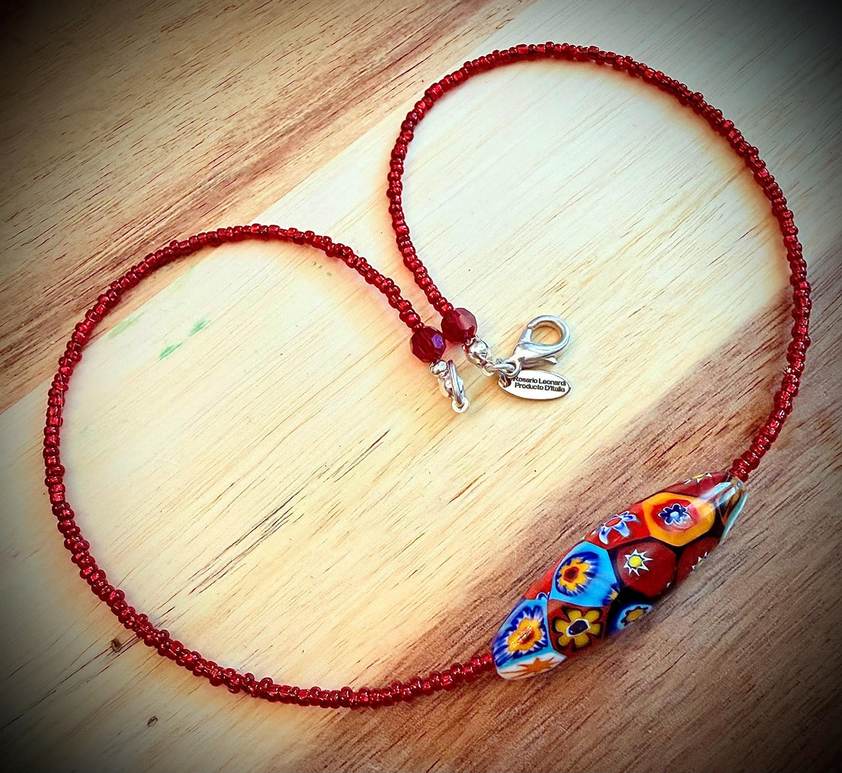 Red Seed Bead Murano Millefiori Glass Necklace Featuring EXCLUSIVE Ercole Moretti Beads