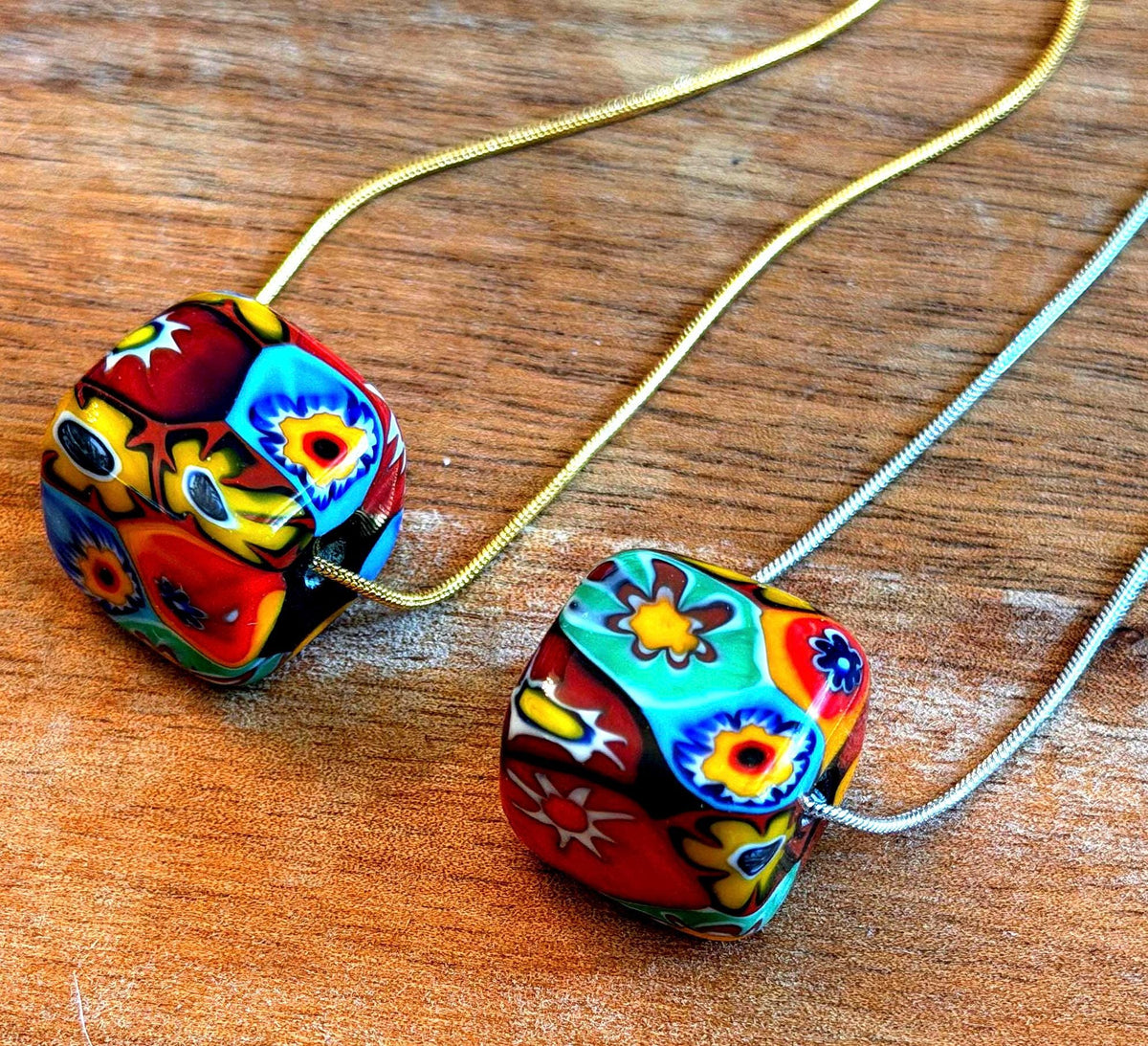 Murano Millefiori Chunky Cube Bead Necklace, Exclusive Ercole Moretti Glass, Stainless Steel Chain