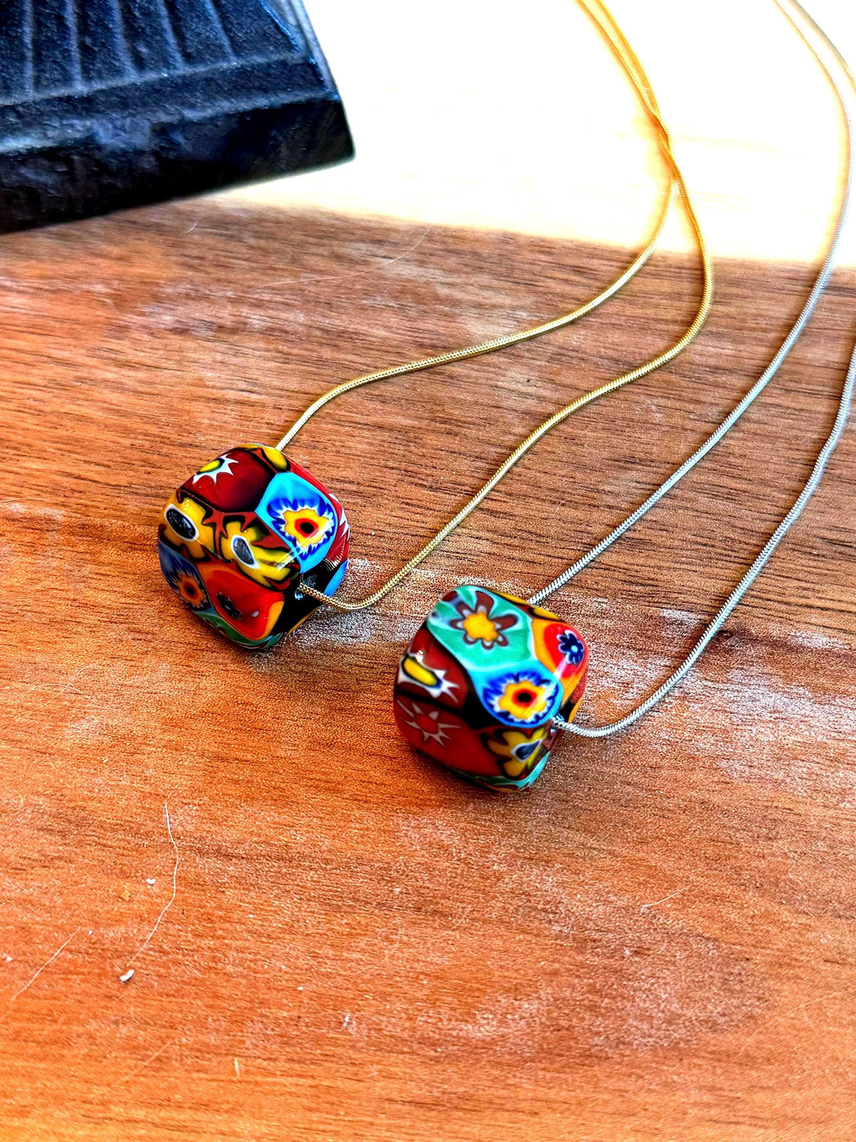 Murano Millefiori Chunky Cube Bead Necklace, Exclusive Ercole Moretti Glass, Stainless Steel Chain