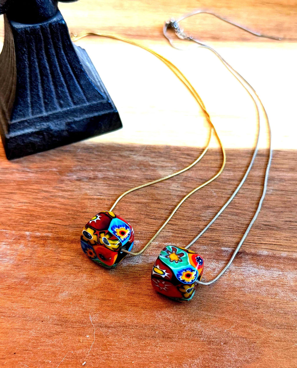 Murano Millefiori Chunky Cube Bead Necklace, Exclusive Ercole Moretti Glass, Stainless Steel Chain