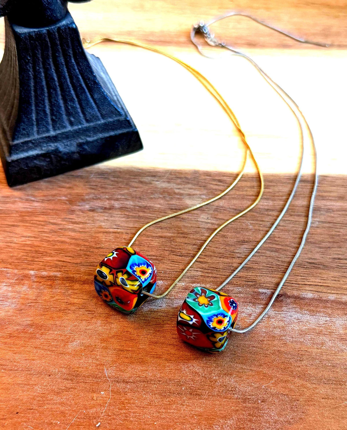 Murano Millefiori Chunky Cube Bead Necklace, Exclusive Ercole Moretti Glass, Stainless Steel Chain