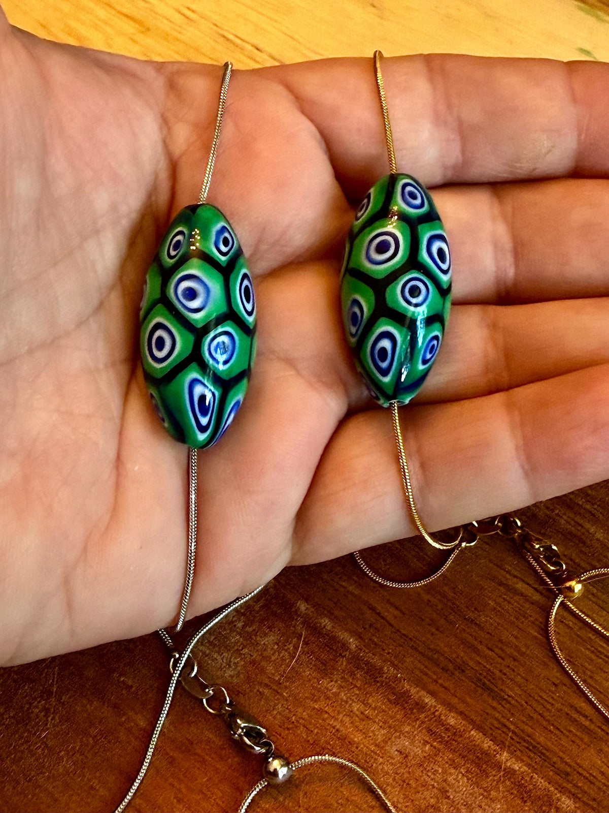 Green Blue Murano Millefiori Oval Necklace, Exclusive Ercole Moretti Glass Bead