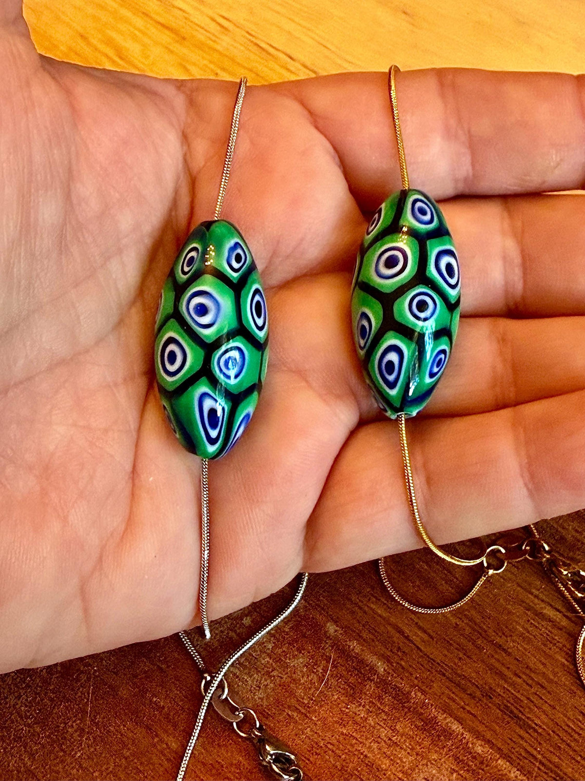 Green Blue Murano Millefiori Oval Necklace, Exclusive Ercole Moretti Glass Bead