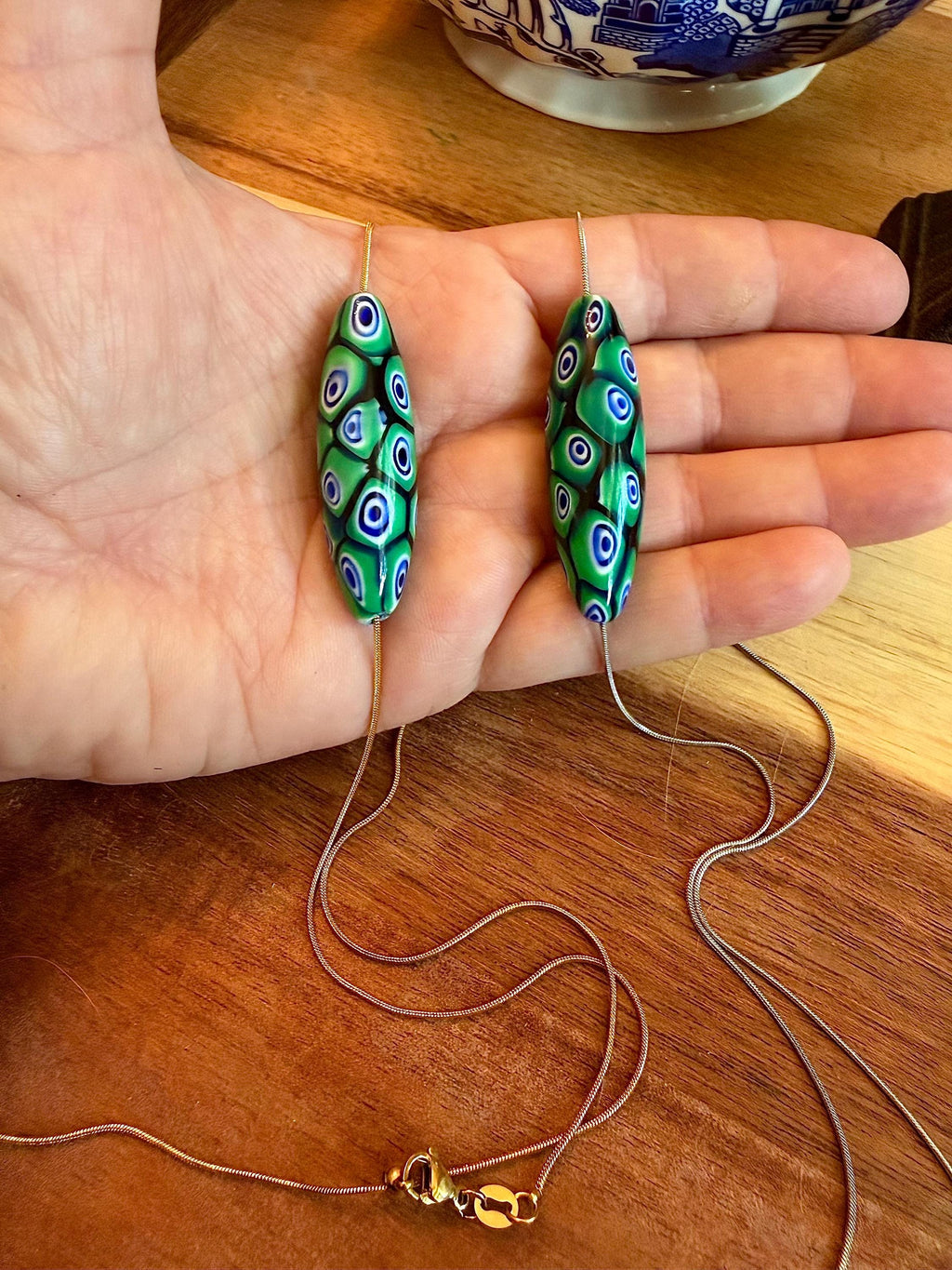 Green Blue Murano Millefiori Oval Necklace, Exclusive Ercole Moretti Glass Bead