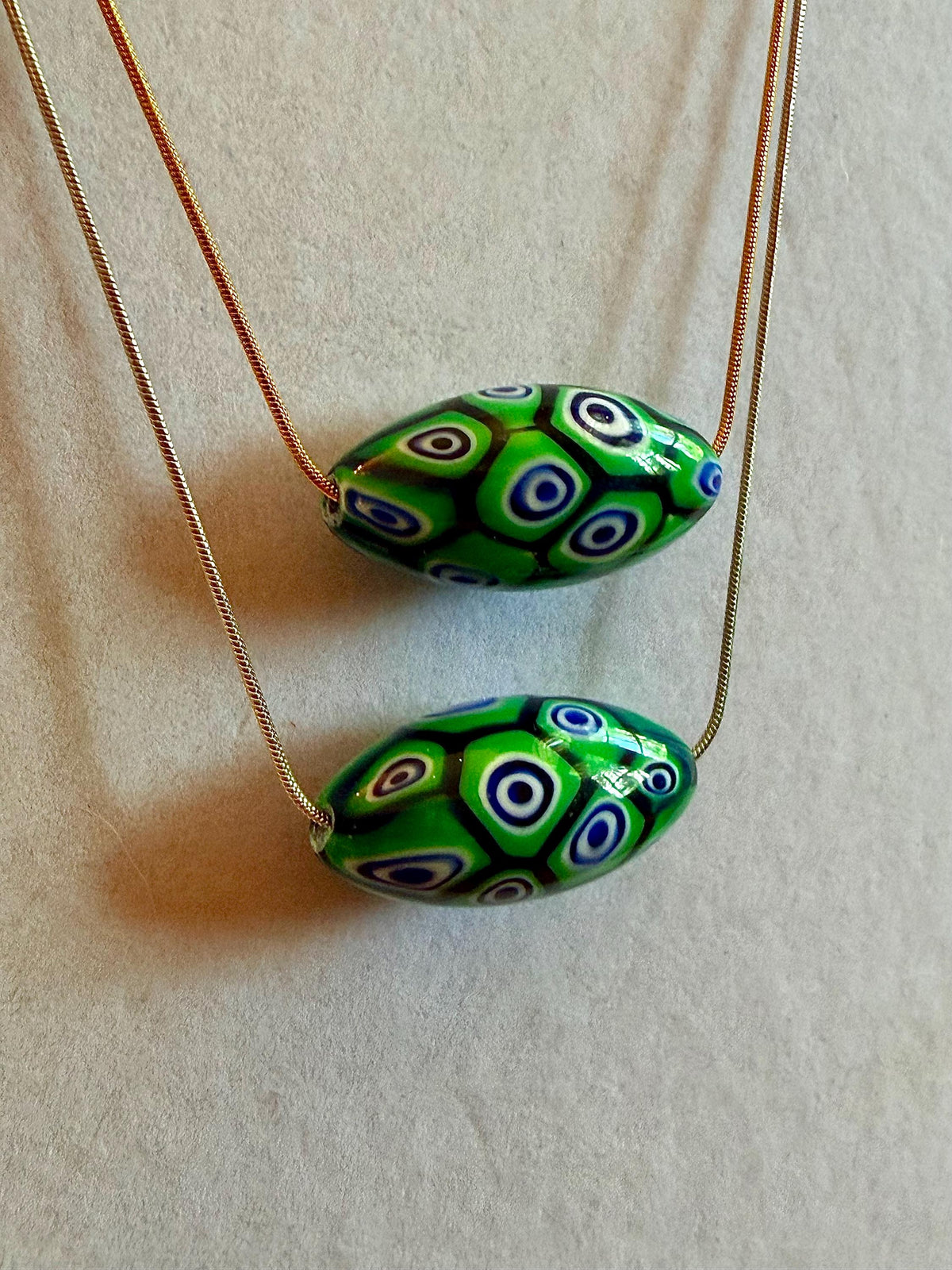 Green Blue Murano Millefiori Oval Necklace, Exclusive Ercole Moretti Glass Bead