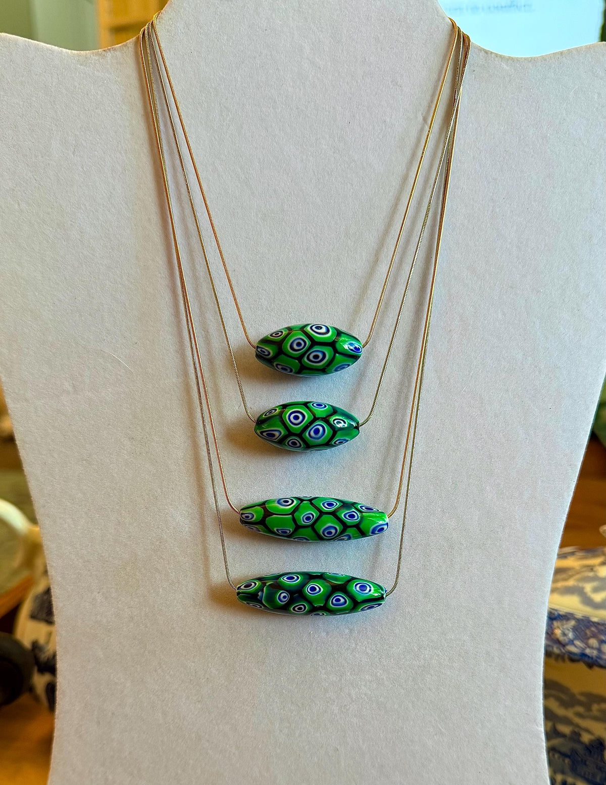 Green Blue Murano Millefiori Oval Necklace, Exclusive Ercole Moretti Glass Bead