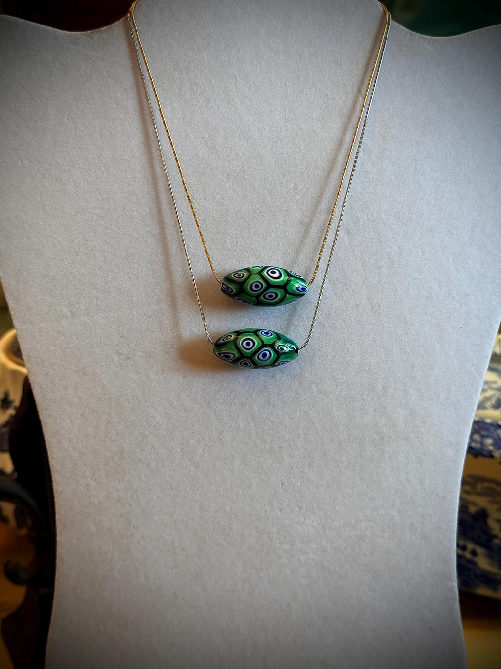 Green Blue Murano Millefiori Oval Necklace, Exclusive Ercole Moretti Glass Bead