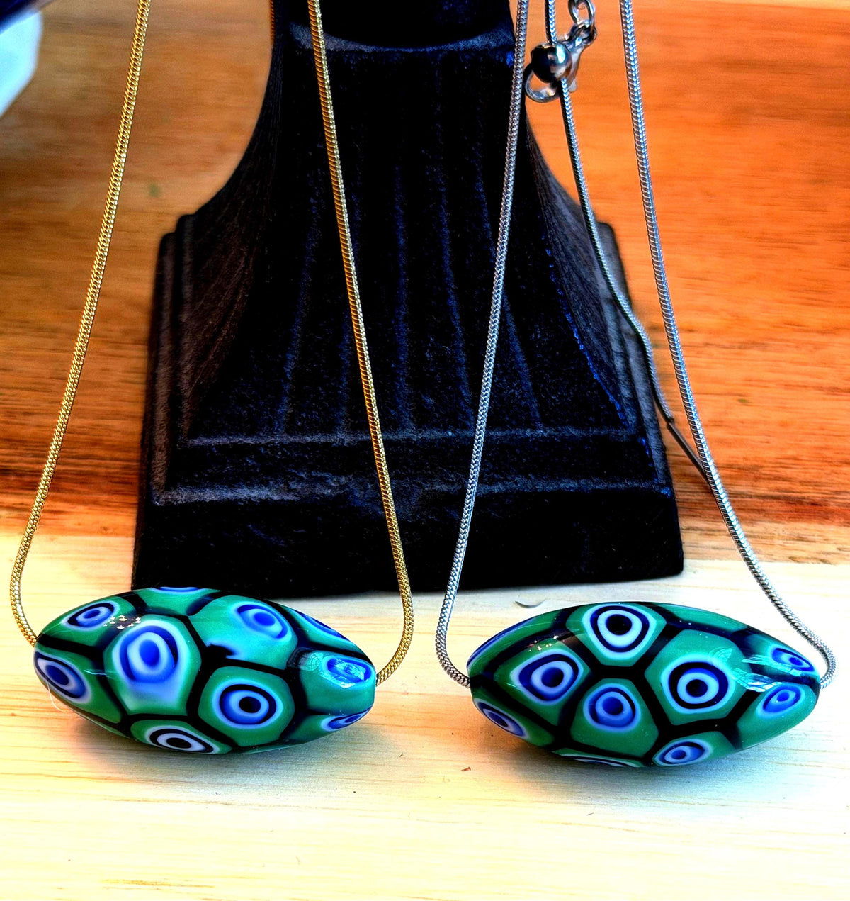 Green Blue Murano Millefiori Oval Necklace, Exclusive Ercole Moretti Glass Bead