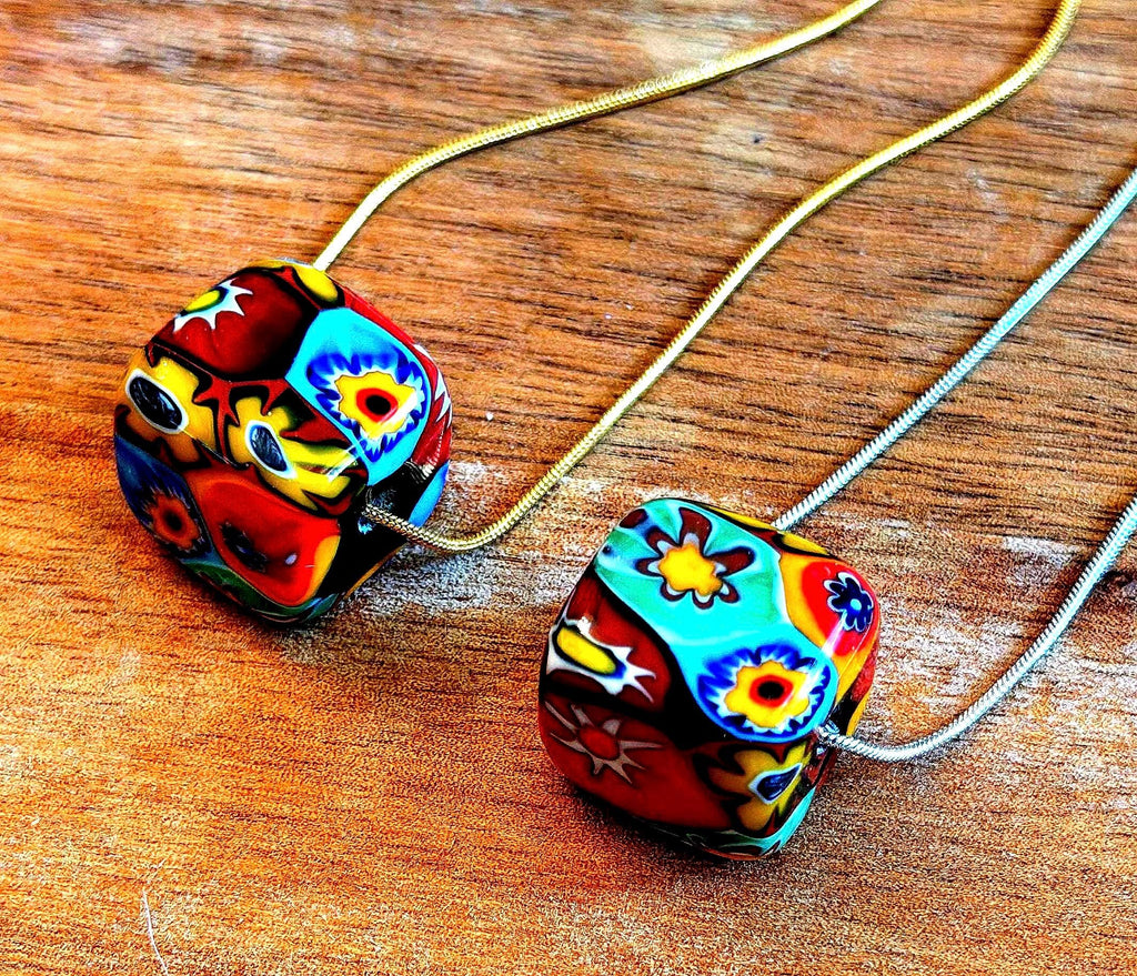 Murano Millefiori Chunky Cube Bead Necklace, Exclusive Ercole Moretti Glass, Stainless Steel Chain