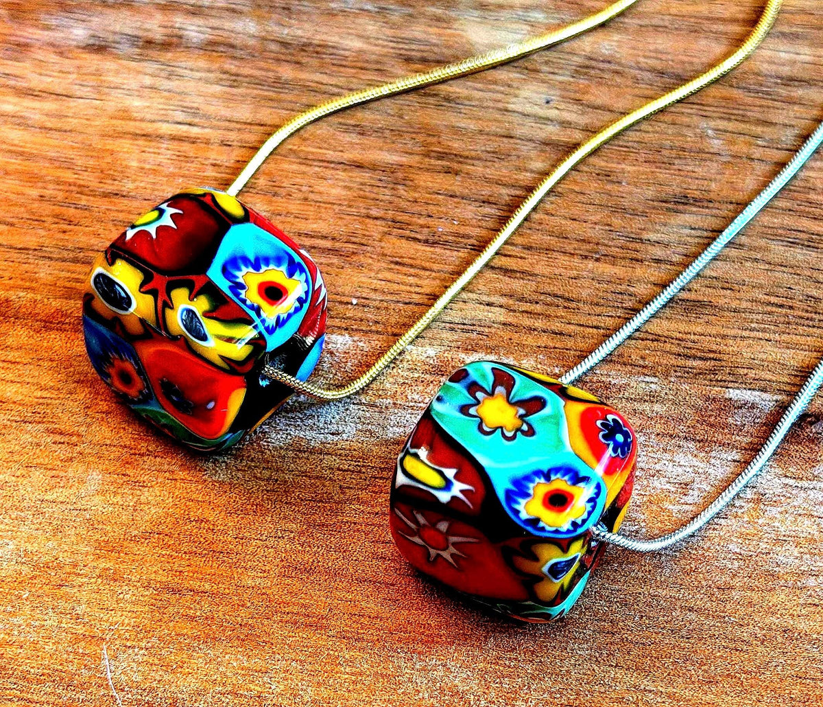 Murano Millefiori Chunky Cube Bead Necklace, Exclusive Ercole Moretti Glass, Stainless Steel Chain